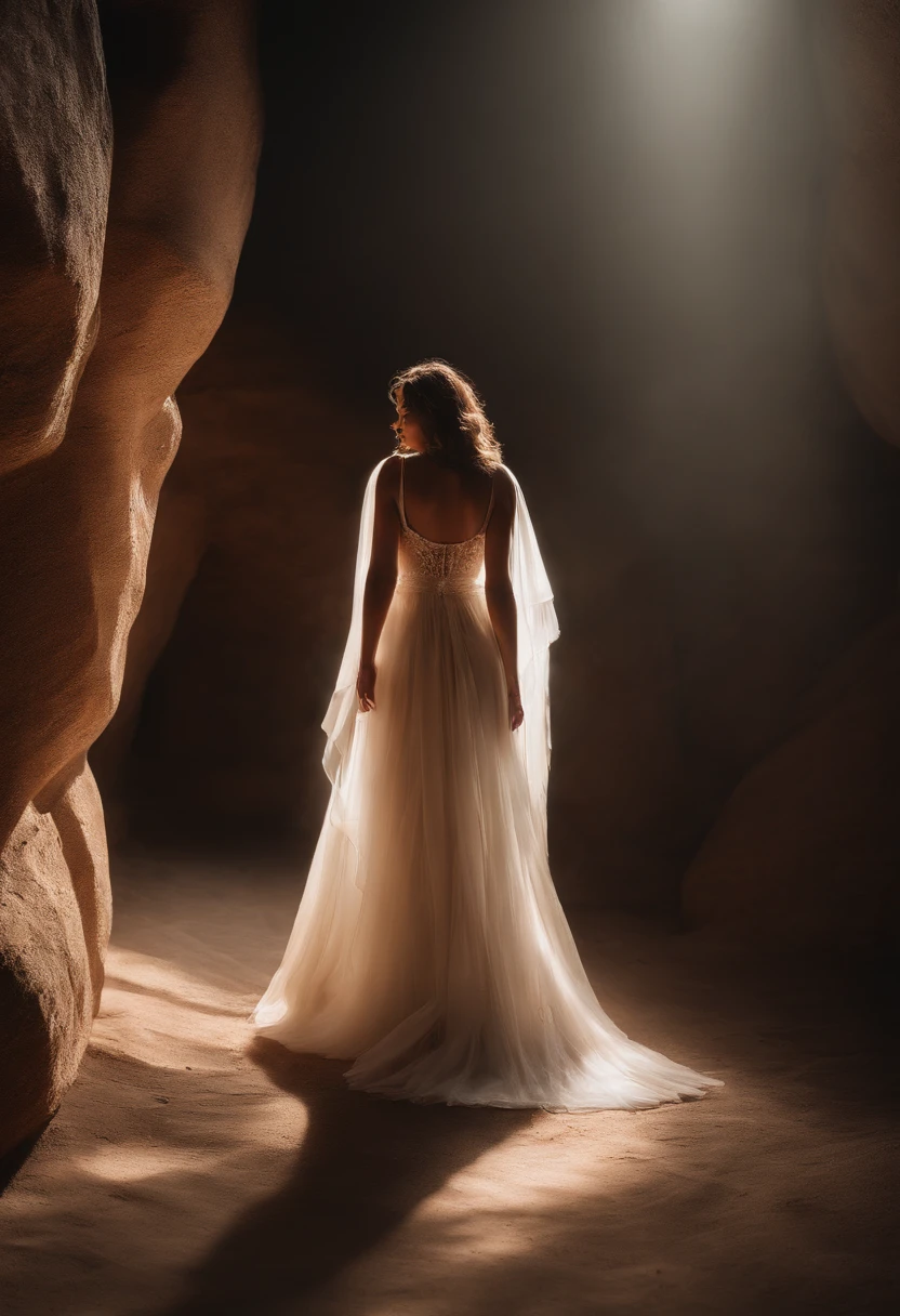 Una mujer con un ajustado vestido de seda blanca de pie sobre una duna de arena en medio de un vasto desierto, Halo de Pintura de luz en el fondo, Pintura de luz, Amazing lighting effect, El arte de la luz, Beautiful lighting effects, tinta clara, Pintura de luz difusa, Anamorphic flares, luminescente de pintura luminosa, Halo de fuego luminoso, Anamorphic flares, creative lighting, Epic Lighting Effects, awesome greate composition, Poner un frasco de perfume en primer plano