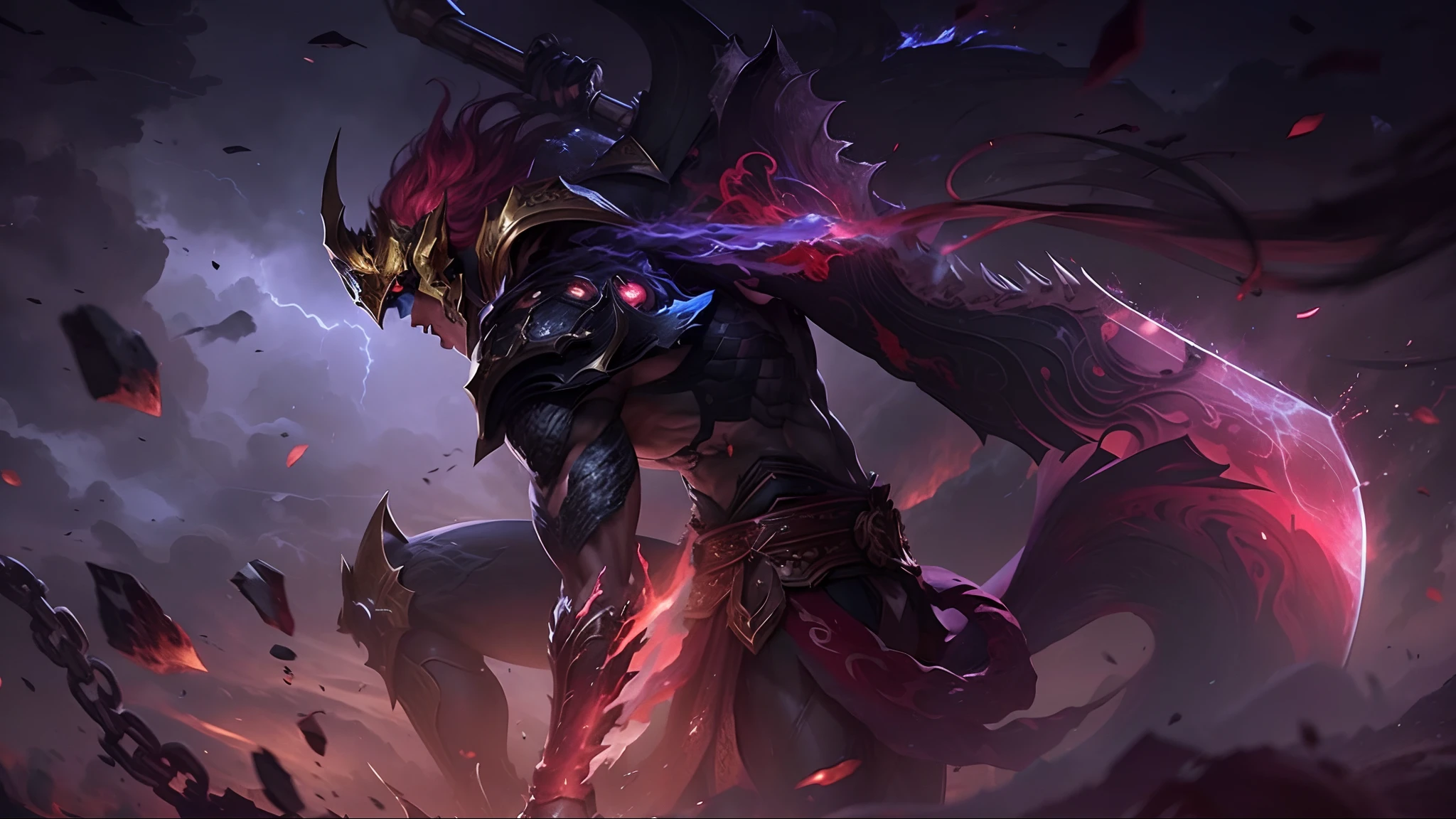 An inspiring depiction of Susanoo, o tempestuoso Deus da Tempestade da mitologia japonesa. Susanoo exudes raw power and intensity, representing the turbulent forces of nature. A cena se passa em meio a uma tempestade furiosa, with dark clouds swirling menacingly overhead and lightning lighting up the sky. Susanoo is tall and muscular, revestido de armadura adornada com designs intrincados inspirados em elementos de tempestade. Sua selvageria, cabelos despenteados fluem ao vento, Mirroring the chaos and fury of the storm. In his hand, ele empunha uma espada poderosa, crackle with electrical power and emit an otherworldly glow. God's expression is fierce and determined, Capturing your indomitable spirit. Arredores de Susanoo, ventos ferozes chicoteiam, causing trees to bend and waves to crash, symbolizing their dominion over natural forces. The color palette is dominated by deep blue and red, evocando a atmosfera chocante de uma noite tempestuosa. The aspect ratio is 1:1.```