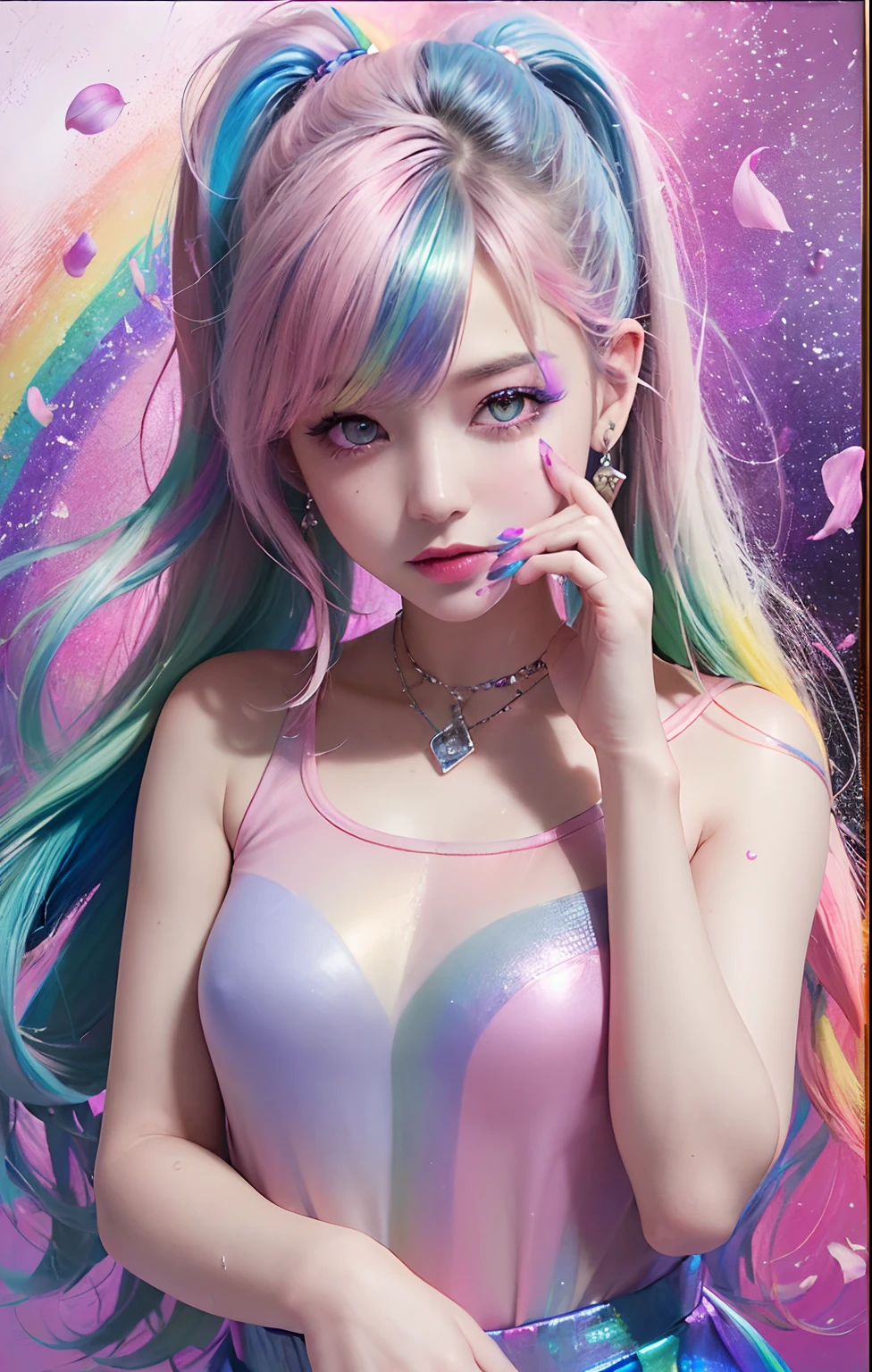 Full Body Portrait、(Pink Fashion T-Shirt:1.9)、(colourful hair:1.8)、(All colors of the rainbow:1.8)、((((vertical painting:1.6)))、(painterly、:1.6)、front Face、comic、An illustration、painterly、、big Eyes、Crystal clear eyes、(Iridescent gradient high ponytail:1.7)、Exquisite makeup、mouth closed、(Small fresh:1.5)、(Wipe chest:1.6)、long eyelash、white off-Ang-shoulder T-shirt、、White shoulder shirt、Looking at the audience、Big watery eyes、(Iridescent hair:1.6)、 color splash, (solo、:1.8), color splash, Color explosion, Thick paint style, Messy lines, ((resplendent)), (COLORFUL), (COLORFUL), COLORFUL, COLORFUL, Chic paint style, (Splash) (color splash), vertical painting, upperbody, Paint Splash, Acrylic pigments, gradients, painti, highest quality, highest quality, Master peace、, solo、, depth offield, face-paint, colorfully clothes, (elegantly: 1.2), Gorgeous,slong hair, Wind, (elegantly: 1.3), (flower petals:1.4)、(((Master peace、)))、(((sthe highest qualit)))、((Super Detailed))、(An illustration)、(dynamic ungle)、((floating))、(painti)、((Tousled Hair))、(solo、)、(1女の子)、((Detailed Anima Face)))、((Beautiful Detailed Face))、collared、Bare Shoulder、white haired、((colourful hair))、(((streaked hair))、Beautiful Detailed Eyes、(Eyes in gradient colors)、(((colorful eyes))))、(colorful background))))、((((High Saturation))))、(((Surrounded by colorful splashes)))、