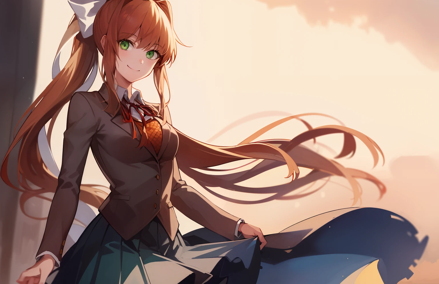 2d, masterpiece, best quality, anime, highly detailed, cowboy shot, 1girl, solo, monika, green eyes, very long hair, ponytail, school uniform, standing, straight-on, smile, white background, simple background