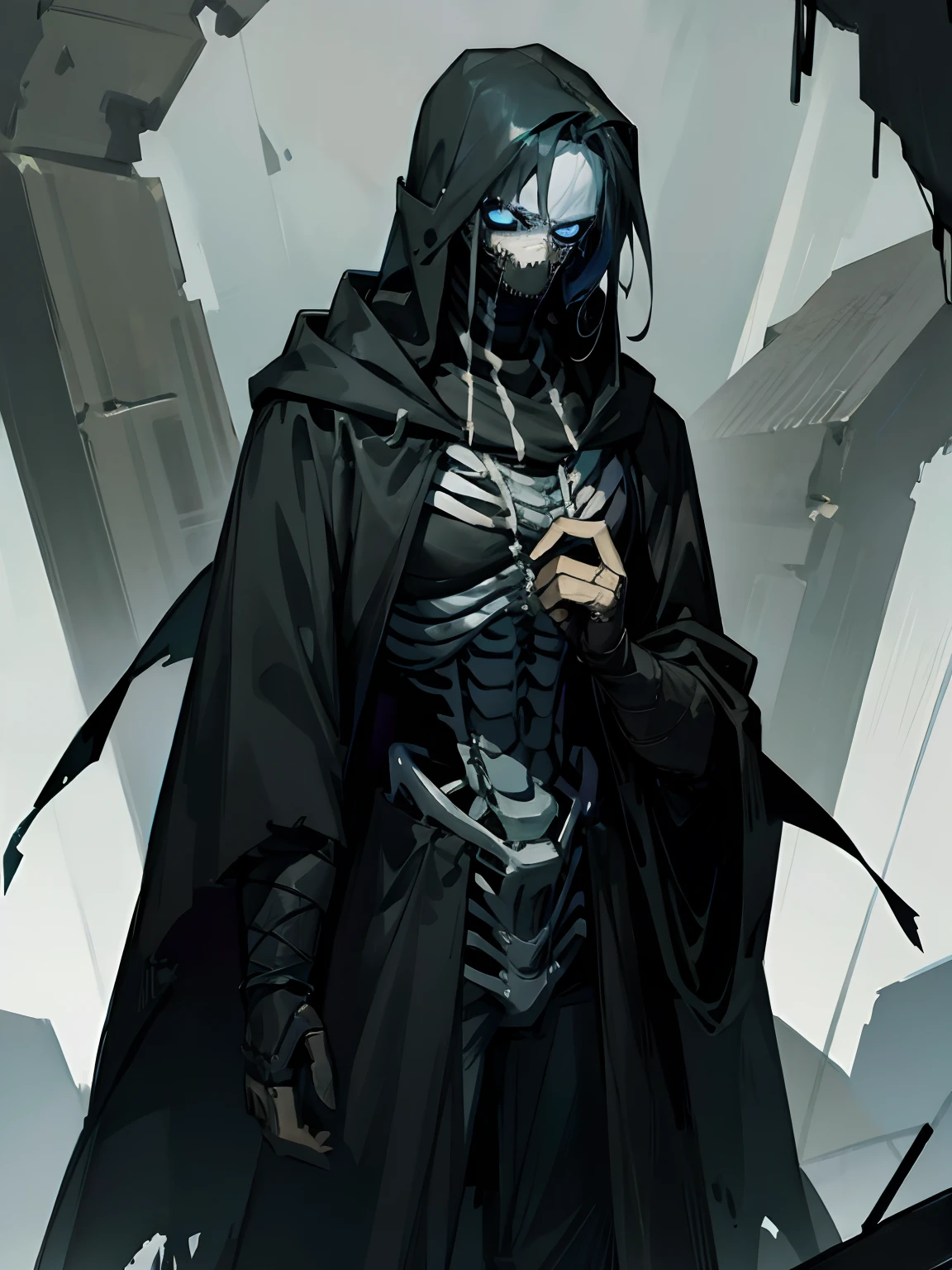 A man in a black raincoat on the background of a ruined city. A man has a skeleton instead of a body, He wears a black half face mask and hood, Of the human, he has only eyes and the skin around his eyes