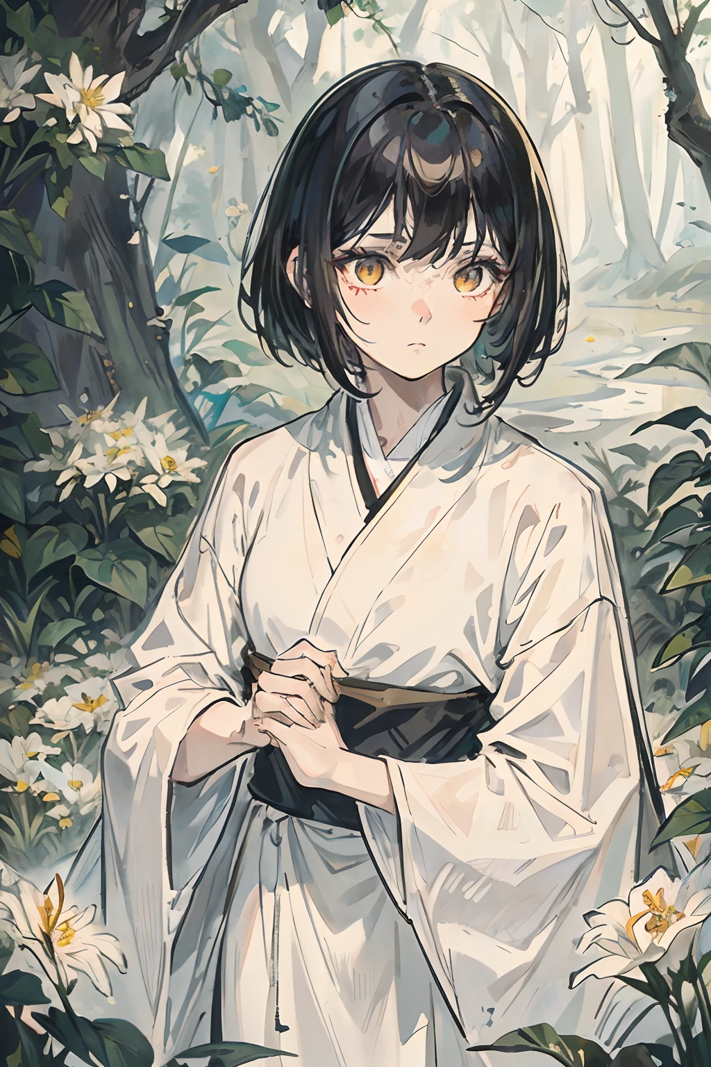 teenage girl, short black hair, golden eyes, long white robes, forest, frustrated expression, vividly detailed face, flowers, single person