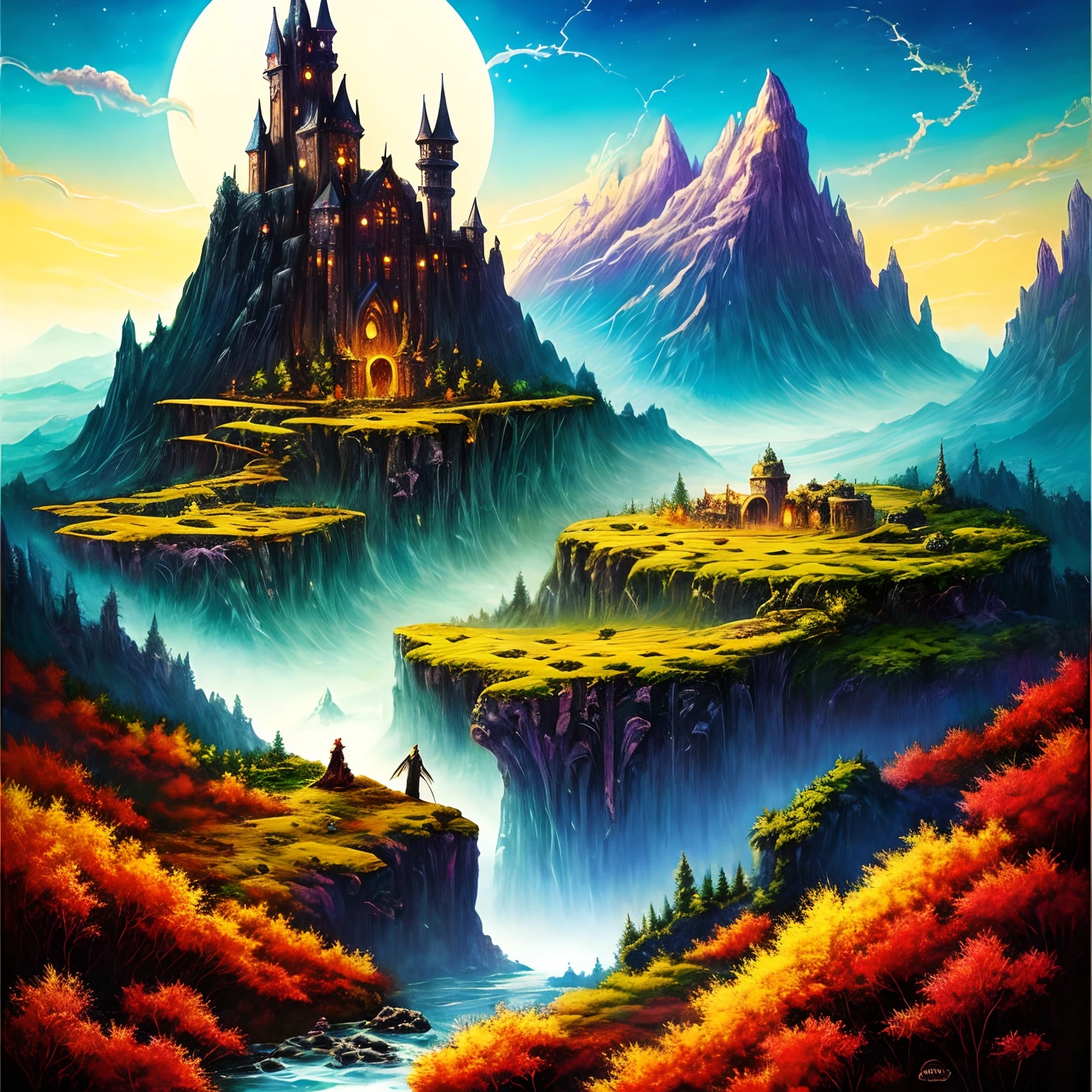 In a mysterious, enchanting 80s style dark fantasy, an all-powerful wizard gazes out at a breathtakingly beautiful landscape from the peak of a majestic mountain. The scene unfolds with an intricate blend of realism and fantasy, expressing the essence of a classic Dungeons and Dragons book cover. The artwork is ultra-detailed, bringing to life every aspect of the composition.
The portrayal includes beautiful, detailed lips that exude a sense of mystery and intrigue. The composition emphasizes the breath-taking landscape, showcasing rolling hills, dense forests, towering waterfalls, and distant castles nestled amidst the mountains. The depiction of the landscape is a masterpiece of artistry and creativity, transporting the viewer to a realm of wonder and awe.
The medium used is a combination of digital illustration and oil painting, resulting in a rich and captivating visual experience. The art style combines elements of dark fantasy, capturing the essence of the 80s era when Dungeons and Dragons was at its peak. The colors chosen are vivid and vibrant, with a surreal color palette that enhances the mystical atmosphere of the scene.
The lighting is carefully crafted, accentuating the brilliance of the wizard's spellcasting and casting a warm glow over the landscape. The lighting effects create a sense of depth and dimension, adding to the overall atmosphere of the artwork. The composition is framed in a way that draws the viewer's attention to the wizard and the grandeur of the landscape, evoking a sense of wonder and adventure.
Overall, this prompt captures the essence of an 80s dark fantasy, with intricate details, vivid colors, and a captivating art style. The viewer is transported to a realm of magic and adventure, exploring the depths of the wizard's gaze and the beauty of the landscape. The scene exudes a nostalgic charm and invokes imaginations of epic quests and mythical creatures.