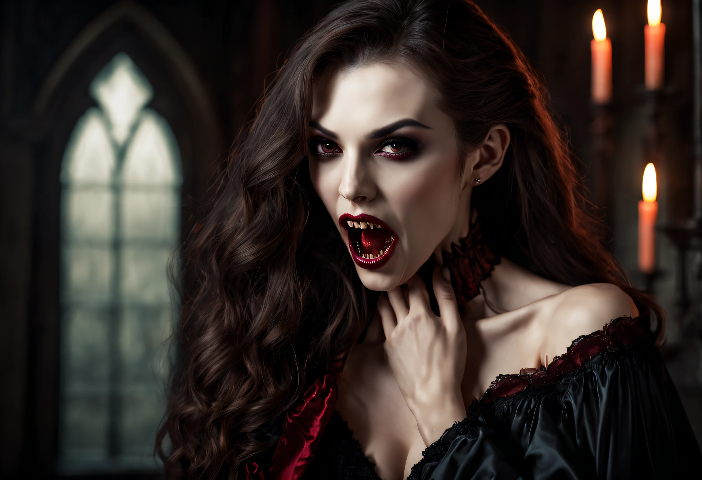 (best quality, 4k, 8k, high resolution, masterpiece: 1.2), ultra detailed, (realistic, photorealistic, photorealistic: 1.37), (a vampire biting the neck of a beautiful woman: 1.42), dark scene, gothic, illuminated by candles, mysterious atmosphere, vibrant red colors, pale complexion, blood dripping from the vampire's fangs, romantic moonlight shining through the window, bat wings extending from the vampire's back, Victorian era clothing, expressive emotions on the face of the vampire and the woman, intense eye contact between them, subtle fangs peeking out of the closed lips of the vampire, dramatic and seductive pose of the woman's body, detailed facial features, dark luscious hair flowing around woman's shoulders, attractive composition with a focus on the vampire's face and the woman's exposed neck.