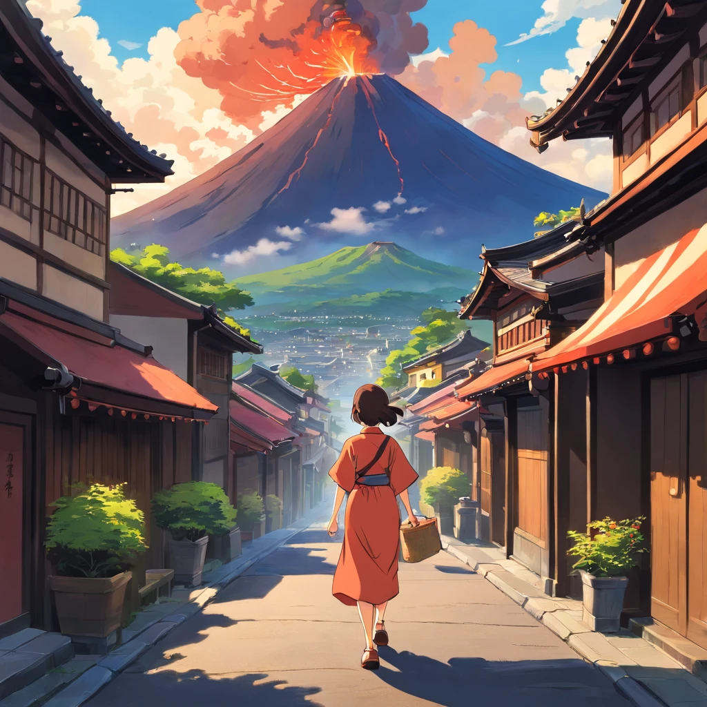 Design para camiseta, Woman strolling in the streets of classic Japan, volcano in the background, dia ensolarado, Beautiful, ancient scenery, emocional, contemplando o horizonte