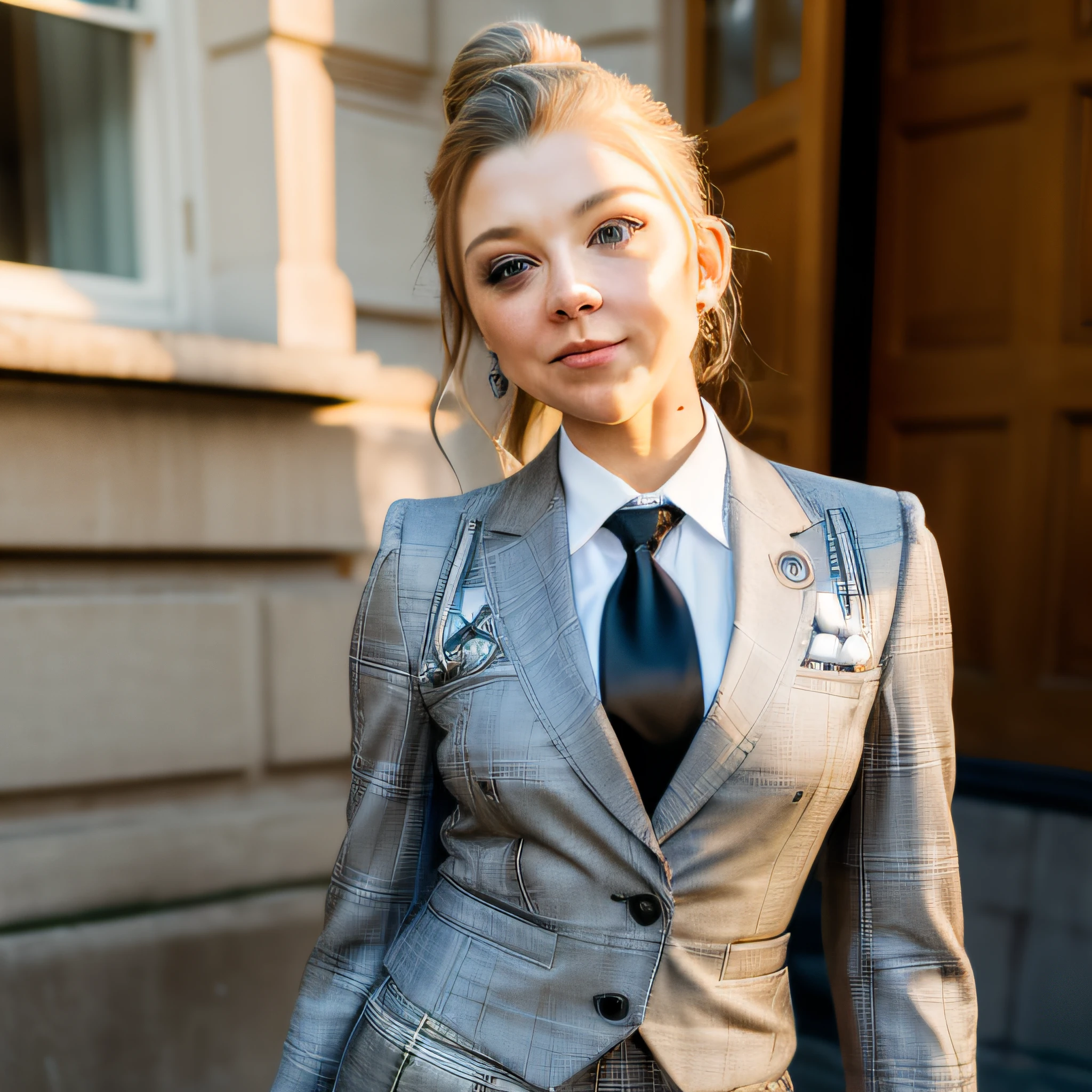 masterpiece, ,(solo:1.1), Natalie Dormer, perfect face, (bright lighting:1.2),beautiful detailed eyes, extremely detailed face, perfect lighting,masterpiece, best quality, ((mature female)), milf, 1 woman, (((light grey plaid skirt suit))), (((three-piece suit))), (((silk necktie))), windsor necktie, (((dress shirt))), (((blazer))), (((suit jacket))), (((waistcoat))), double-breasted waistcoat, (((bodycon miniskirt))), pencil skirt, tie clip, pocket watch, pocket square, cufflinks, solo focus, fully clothed, smartly dressed, smiling, elegant updo, hair up, messy hair bun,