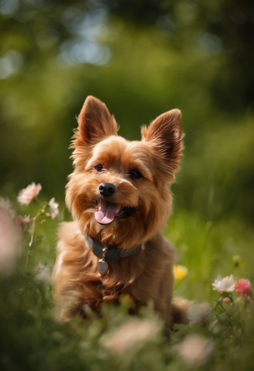 (Best Quality,4k,8k,highres,masterpiece:1.2),ultra-detailed,(realistic,photorealistic,photo-realistic:1.37), Colorful rainbow from earth to sky, On the rainbow running red dog with black back, Norwich Terrier, illustartion, Shiny Fur, reflective eyes, Hot Pink Tongue, Joyful Expression, Bright garden background, green grass, Tall Flowers, Trees in bloom, Clear blue sky