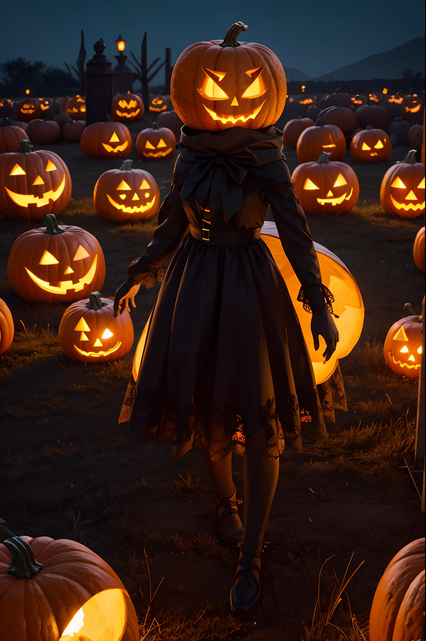 Create a character with a Halloween costume on the pumpkin's body and head, Halloween scenery with cobwebs lit candles, 4K ultra-high-definition image