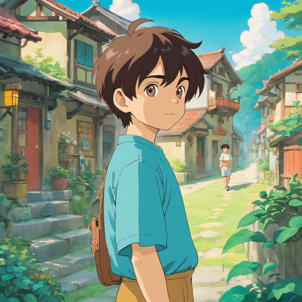 a young boy living in a small town,in the style of tranquil gardenscapes, colorful animation stills, masami teraoka, aquamarine, paul gauguin, Embry style