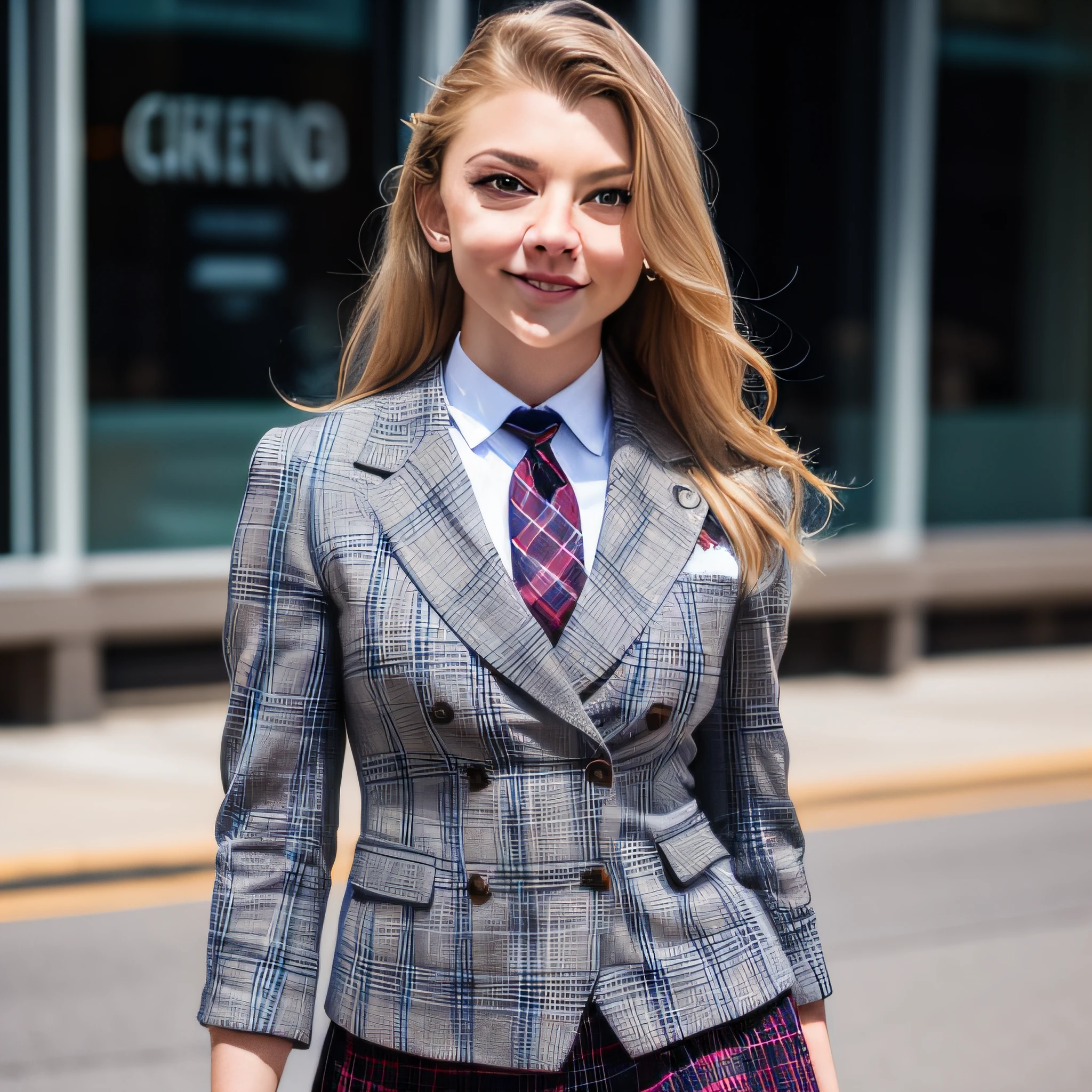 masterpiece, ,(solo:1.1), Natalie Dormer, perfect face, (bright lighting:1.2),beautiful detailed eyes, close up, extremely detailed face, perfect lighting,masterpiece, best quality, ((mature female)), milf, 1 woman, (((light grey plaid skirt suit))), (((three-piece suit))), (((silk necktie))), windsor necktie, (((dress shirt))), (((blazer))), (((suit jacket))), (((waistcoat))), double-breasted waistcoat, bodycon miniskirt, pencil skirt, tie clip, pocket watch, pocket square, cufflinks, solo focus, fully clothed, smartly dressed, smiling, elegant hair, long hair