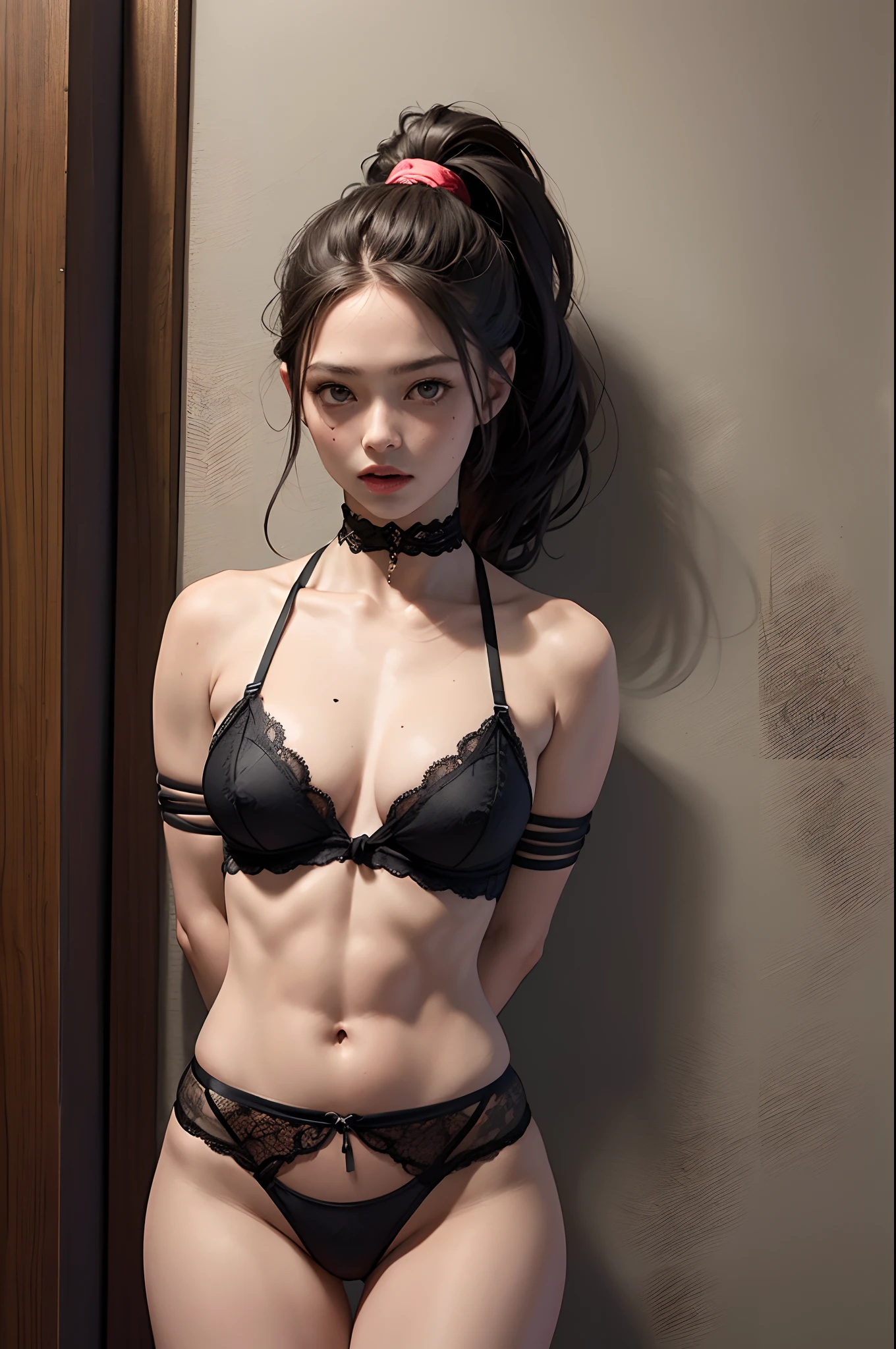 9 years old in sexy black lace lingerie,Rope,Bound,Arms,Bondage,Tied up,wrists tied behind her back,bdsm,slave, high quality ,Athletic body,Abs Tanned pictures,Digital, Ultra ,Messy ponytail realistic,NSFW
