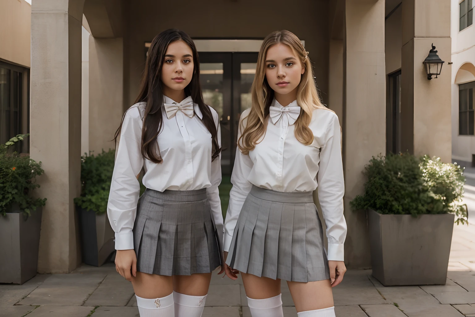 2 girls in, two girls, standing apart in a courtyard, high school uniforms, dressed the same, (girls have the same uniform: 1.8), (one girl has blonde hair & another has black hair: 1.1), gray school uniform, (pleated skirt: 2), (gray skirt: 1.3), (white blouse: 1.25), white button up, knee highs, white shirt, loafers, realistic, long hair, socks, bowtie, skirt, jk bow, can see a little chest through blouse, full body, standing back, zoomed out, 50mm, Nikon, f5.2, natural light, 8k, high detailed, maximum quality,