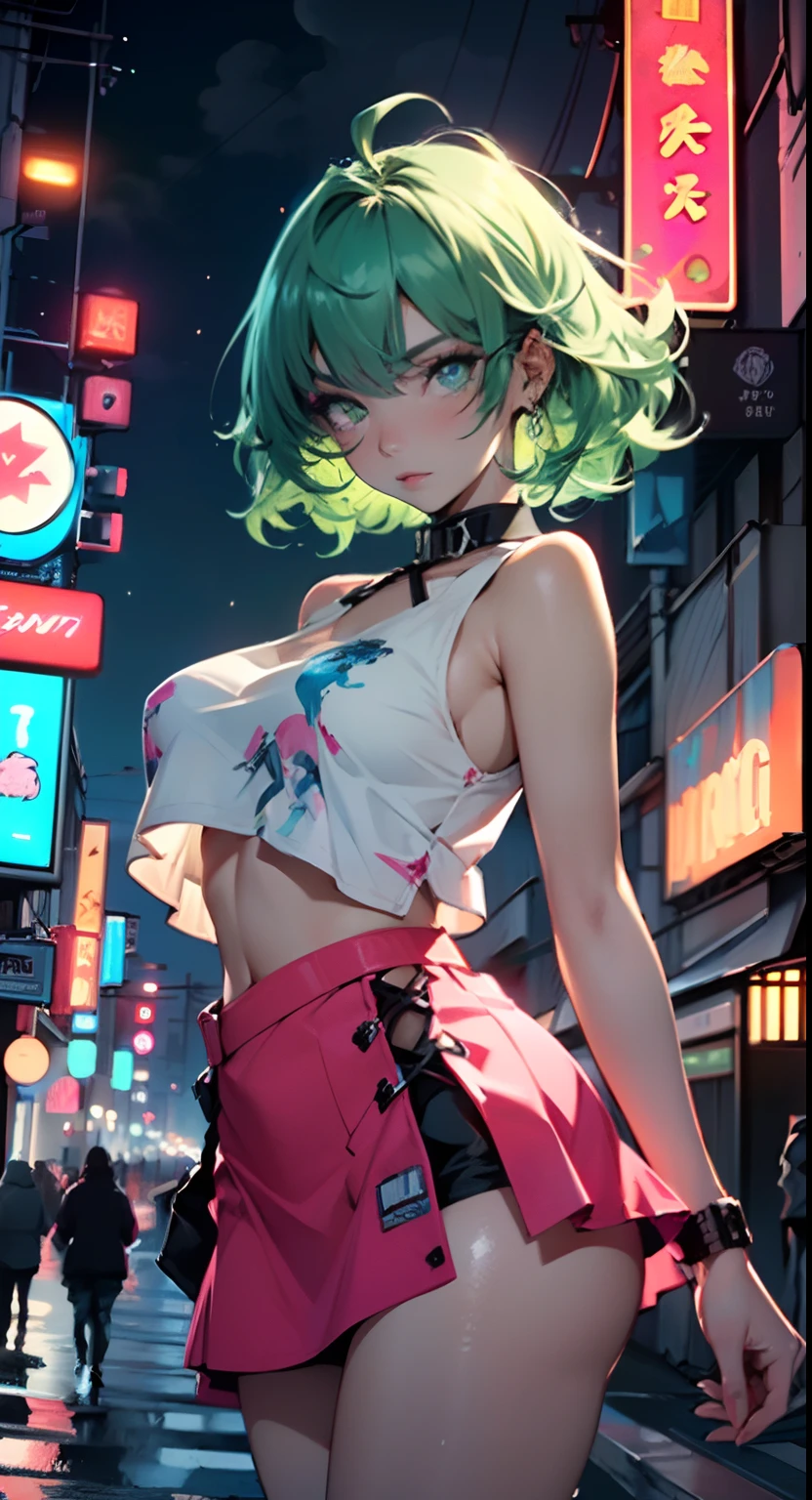 (((1girl))),((extremely cute and beautiful green curly-haired anime girl walking down the street)),(Masterfully crafted Glow, lens flare), (ultra-detailed), hyper details, (delicate detailed), (intricate details), (cinematic light, best quality Backlights),(bioluminescent hair), (glowing eyes), (Dynamic:1.2), ((makeup)), absolutely eye-catching, prehistoric, dulux, ((caustic)), dynamic angle, (Captivating),

(short breasts:1.4),(((pink-blue multicolored curly hair:1.35,very curly hair,colored inner hair,ear breathing,short hair))),((green eyes:1.3,upturned eyes:1.3,perfect eyes,beautiful detailed eyes,rainbow glows ultra-detailed yellow green eyes:1.1,gradient eyes:1,finely detailed beautiful eyes:1,symmetrical eyes:1,big highlight on eyes:1.2)),sexy,(((lustrous skin:1.5,bright skin: 1.5,shiny skin,very shiny skin,shiny body,plastic glitter skin,exaggerated shiny skin))),delicate detailed fingers,detailed body,detailed arms,human hands,(detailed face)),

cute,slutty,seductive,erotic,(((nsfw))),

zettai ryouiki,revealing clothing,show skin,((rave mini-skirt,visible thong straps,white loose tank top with an anime girl print)),(detailed outfit,detailed clothes),

(dynamic pose:1.0),solo focus,embarrassed,centered,scale to fit dimensions,Rule of thirds,

outdoors,((night view)),(very pretty city neon synthwave,cyberpunk night street Background:1.5,dark sky,thick clouds),future vehicles,((neon lights)),thick clouds,(cyberpunk style,neon lights, (synthwave theme background), lonely street),(((detailed background:1.25))),

(best quality),(high resolution),(sharp focus),(ultra detailed),(extremely detailed),(extremely high quality artwork),8k_wallpaper,(extremely detailed CG 8k),(very fine 8K CG),((hyper super ultra detailed perfect piece)),flawless,(((masterpiece))),illustration,vibrant colors,(intricate),High contrast,Selective lighting,Double exposure,HDR (High Dynamic Range),Post-processing,Background blur,