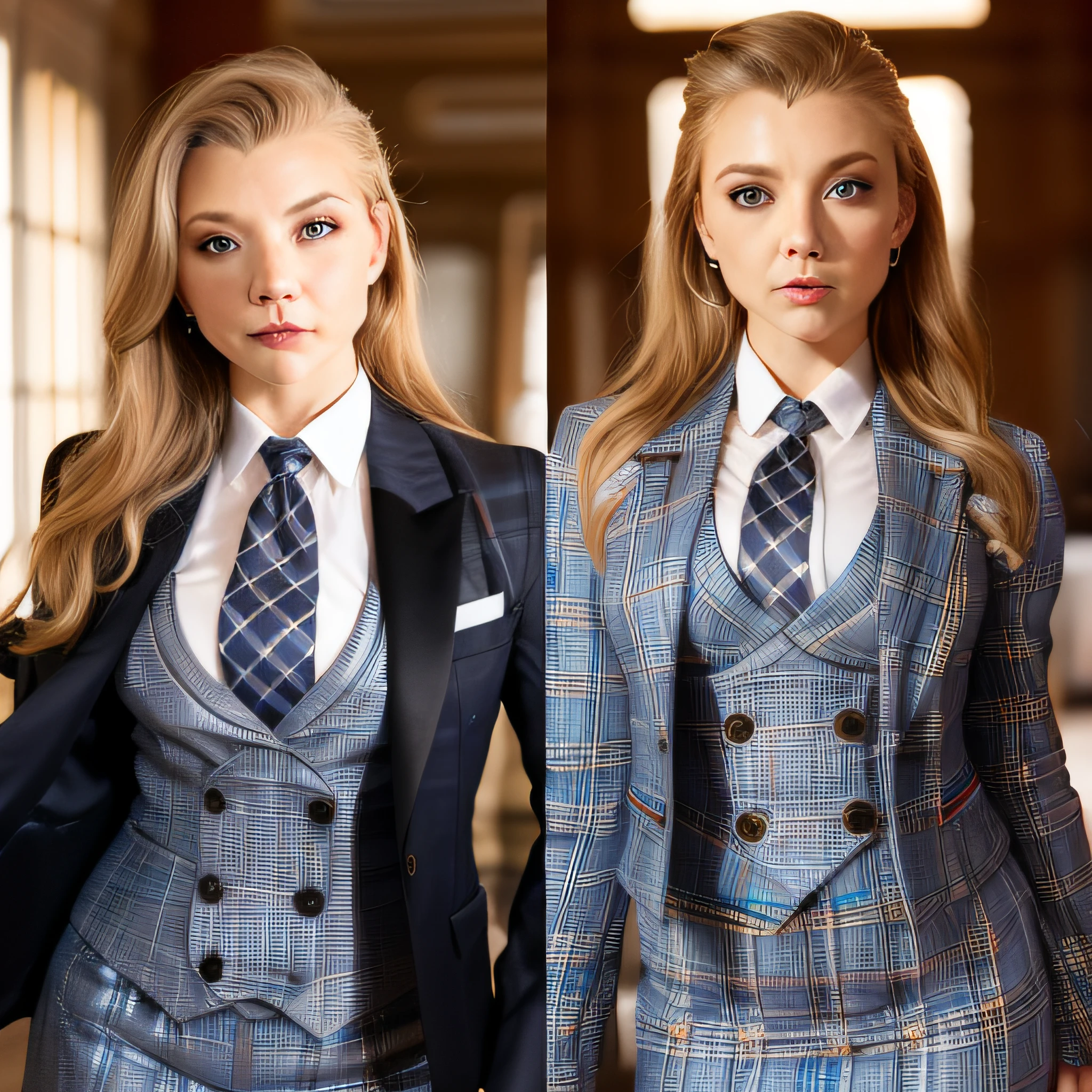 masterpiece, ,(solo:1.1), Natalie Dormer, perfect face, (bright lighting:1.2),beautiful detailed eyes, close up, extremely detailed face, perfect lighting,masterpiece, best quality, ((mature female)), milf, 1 woman, (((light grey plaid skirt suit))), (((three-piece suit))), (((silk necktie))), windsor necktie, (((dress shirt))), (((blazer))), (((suit jacket))), (((waistcoat))), double-breasted waistcoat, bodycon miniskirt, pencil skirt, tie clip, pocket watch, pocket square, cufflinks, solo focus, fully clothed, smartly dressed, smiling, elegant hair, long hair, sultry, seductive pose