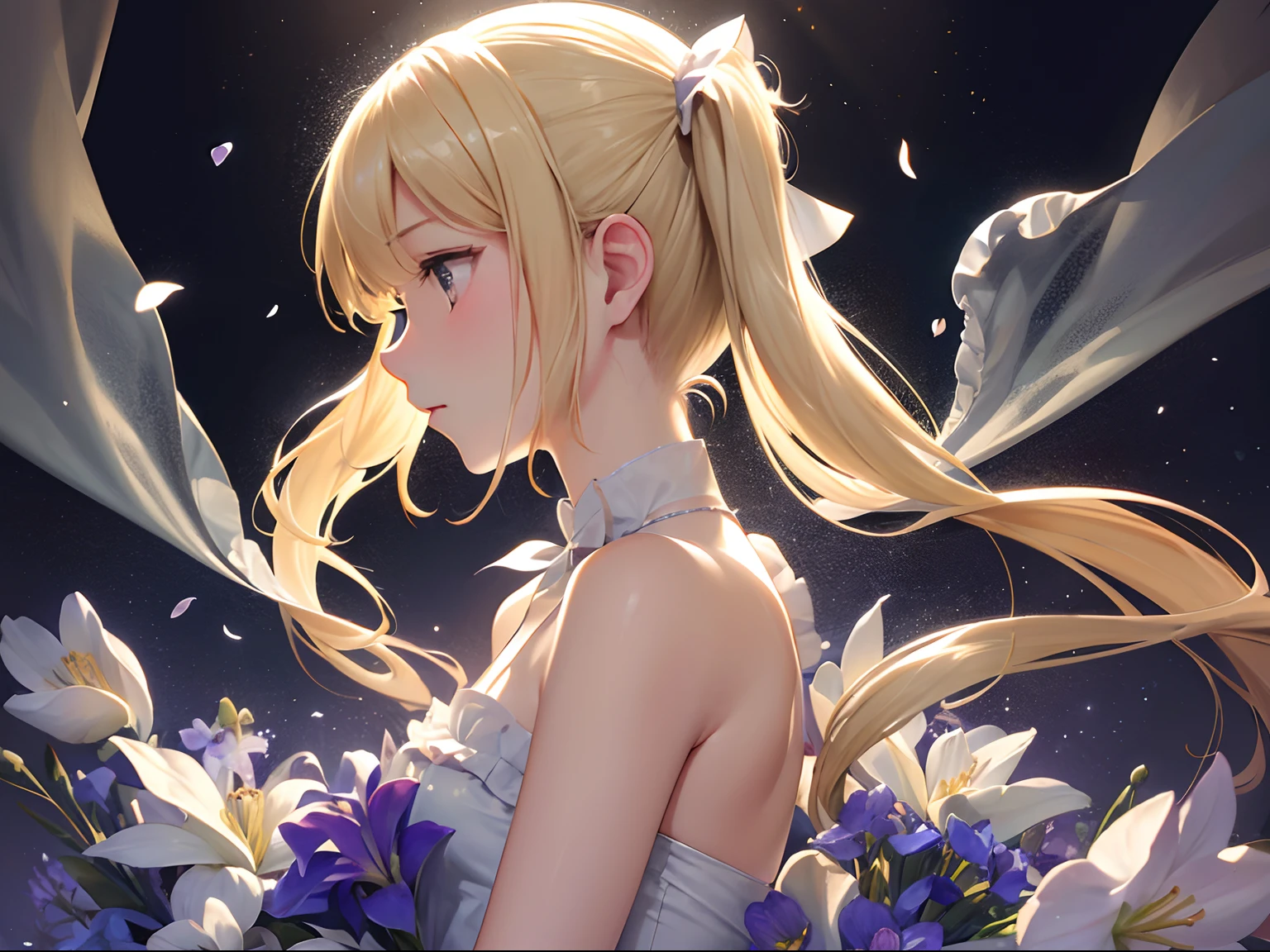Bouquet of delicate flowers hyacinth, super transparent, Holy Light, beautiful spectral light, petals glow, flashes, Dark background, drops of transparent light, reflective light, Bright, light flowing in, optics, portrait profile, Sharp Focus, Magical, Convoluted, A hyper-realistic, Fantasy, Composition, light, Trending in art stations, pearls, Silver vapor Patronus cloud, Family of corrosive enveloping rays, 8K, urea air 23V4 upright  ,(((Petite girl with blonde twin tails))),