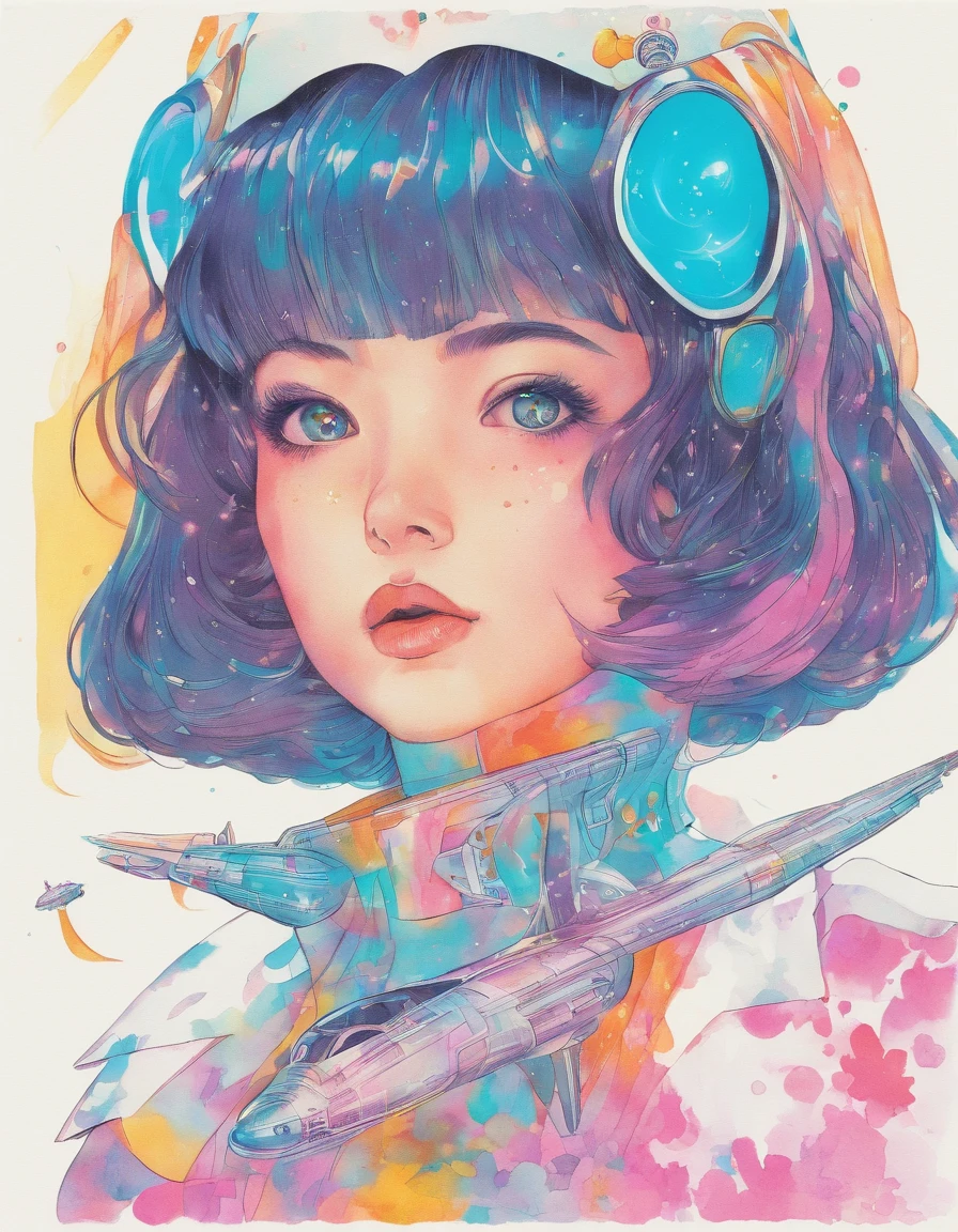 Takama Akimi, Q 1980 \(Style\), drawing \(medium\), Retro Artisel, watercolor \(medium\), A beautiful, 巨作, Best Quality,
detailed face, perfect illumination, 1girl, 独奏, Rainbow hair, Magic Girl,
smile, Chaotic explosions, sky, stars, sun, Lights,