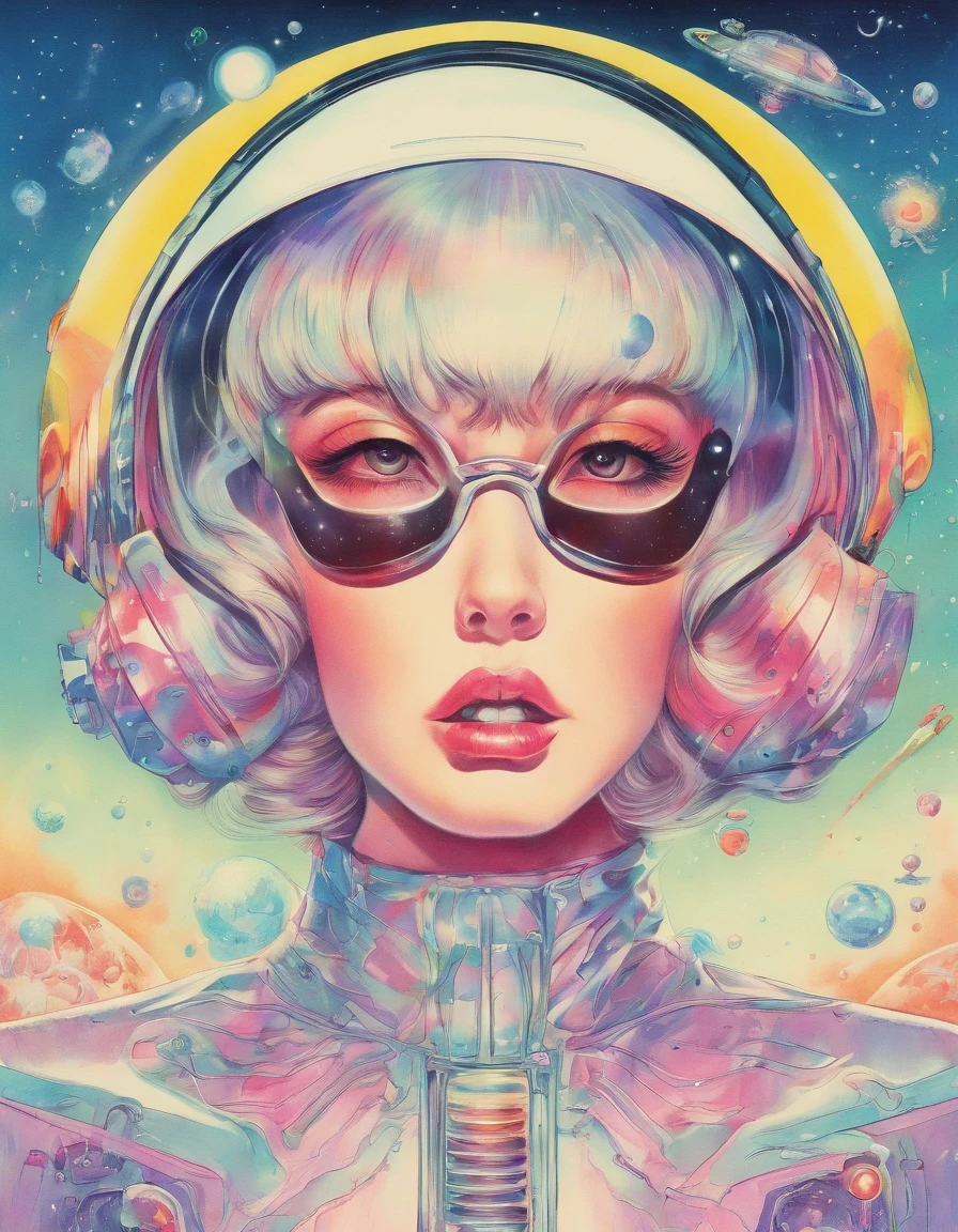 Takama Akimi, Q 1980 \(Style\), drawing \(medium\), Retro Artisel, watercolor \(medium\), A beautiful, 巨作, Best Quality,
detailed face, perfect illumination, 1girl, 独奏, Rainbow hair, Magic Girl,
smile, Chaotic explosions, sky, stars, sun, Lights,