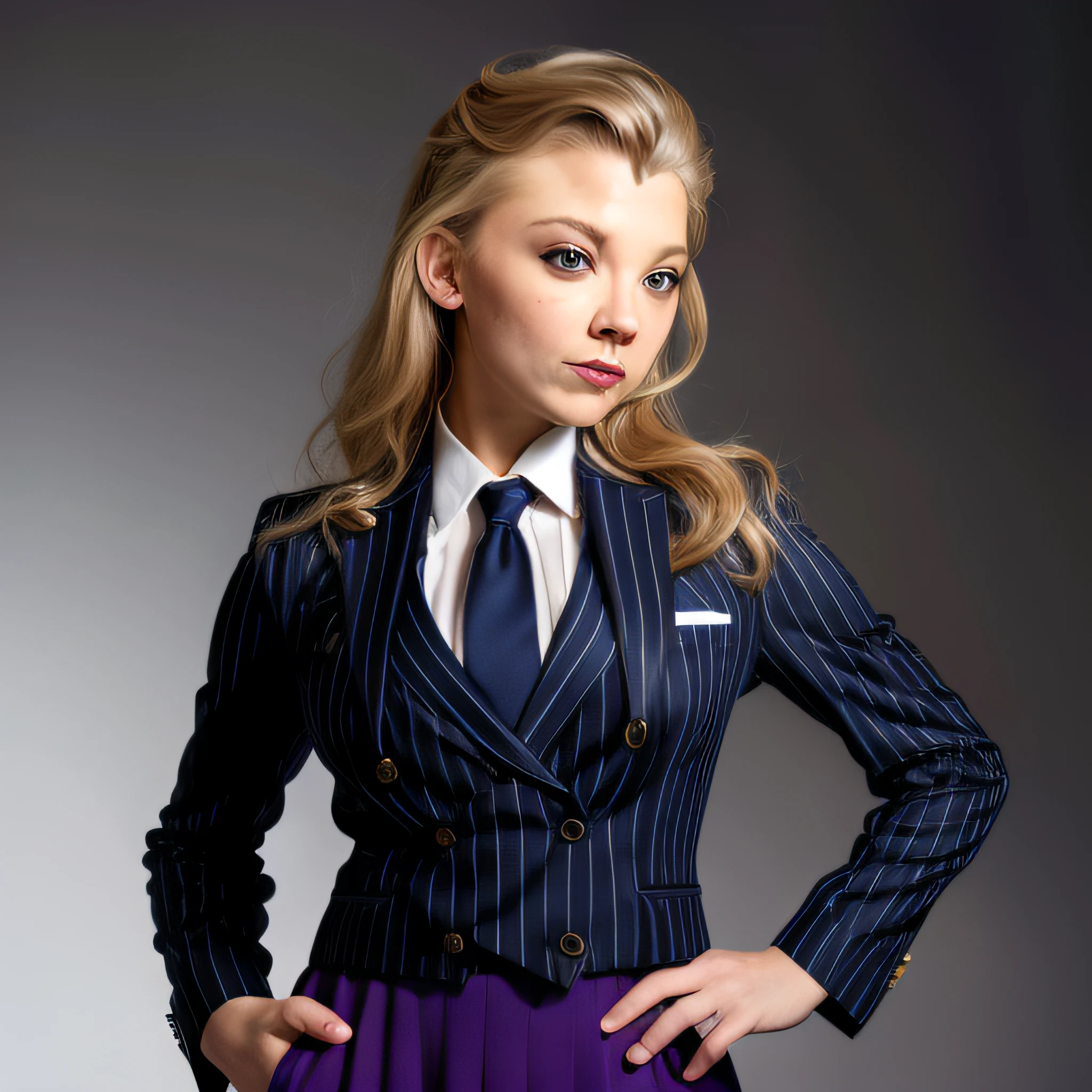 masterpiece, ,(solo:1.1), Natalie Dormer, perfect face, (bright lighting:1.2),beautiful detailed eyes, close up, extremely detailed face, perfect lighting,masterpiece, best quality, ((mature female)), milf, 1 woman, (((navy pinstripe skirt suit))), (((three-piece suit))), (((silk necktie))), windsor necktie, (((dress shirt))), (((blazer))), (((suit jacket))), (((waistcoat))), double-breasted waistcoat, bodycon miniskirt, pencil skirt, tie clip, pocket watch, pocket square, cufflinks, solo focus, fully clothed, smartly dressed, smiling, elegant hair, long hair, sultry, seductive pose