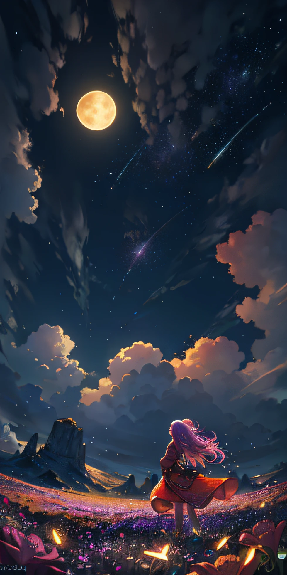 Vast landscape photo, (viewed from below, the sky is above and the open field is below), a girl standing on a flower field looking up, (full moon: 1.2), (meteor: 0.9), (nebula: 1.3), distant mountains , Trees BREAK Crafting Art, (Warm Light: 1.2), (Fireflies: 1.2), Lights, Lots of Purple and Orange, Intricate Details, Volumetric Lighting, Realism BREAK (Masterpiece: 1.2), (Best Quality), 4k, Ultra-Detailed, (Dynamic Composition: 1.4), Very Detailed, Colorful Details, (Rainbow Colors: 1.2), (Glow Lighting, Atmospheric Lighting), Dreamy, Magical, (Solo: 1.2)