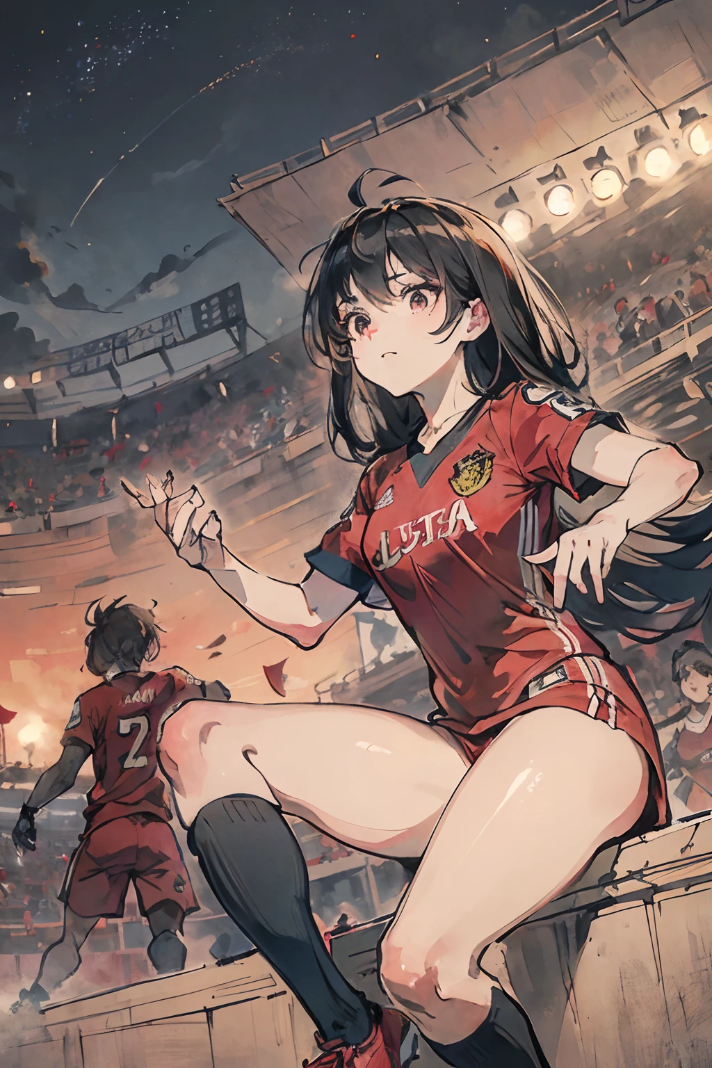 (8k, Foto RAW, La mejor calidad, Masutepiece), 2 chicas, 28 years old, defiant look, (solamente),Una cara detallada, Dramatic angle, ,Short Football Uniform, Cabello flotante por el viento, ((tmasterpiece)), (((La mejor calidad))), ((Ultradetallado)), Mirada astuta, Vista majestuosa (cabello multicolor, Degradado de cabello color de cabello de negro intenso a rojo brillante, ojos expresivos, Cara perfecta, cabello largo, soccer football uniform, red jersey, palabra (ATLAS) de color blanca en la playera, black socks, fondo perspectiva, fondo estadio de futbol, noche, multiples colores, destellos, Perfect Anatomia, playera de futbol roja muy detallada 8k, luz radial, retrato, hasta la cintura