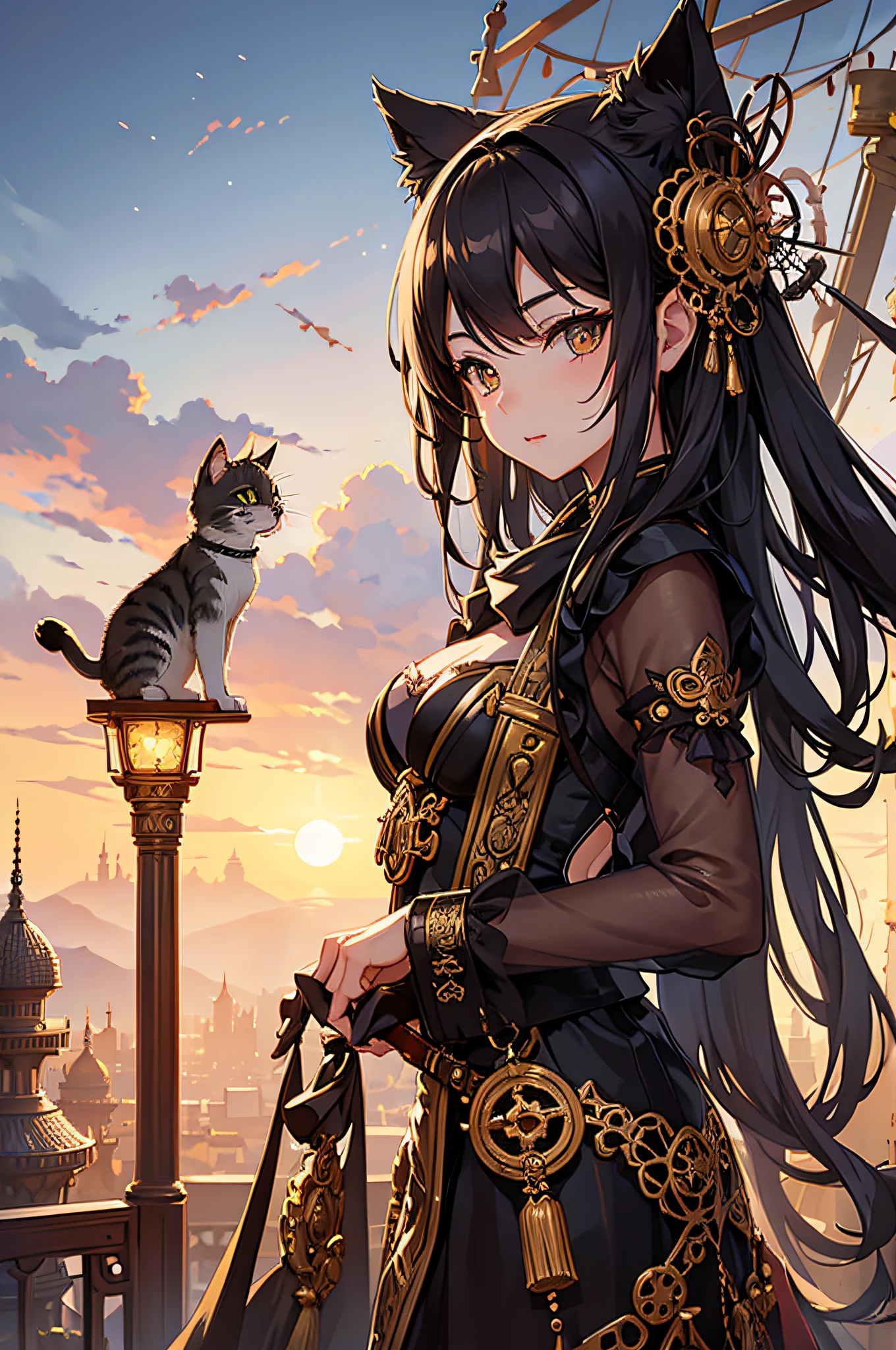(Best Quality), A kitten, girl,Detailed background of the Orient, Oriental cityscape, Steampunk, a beauty girl