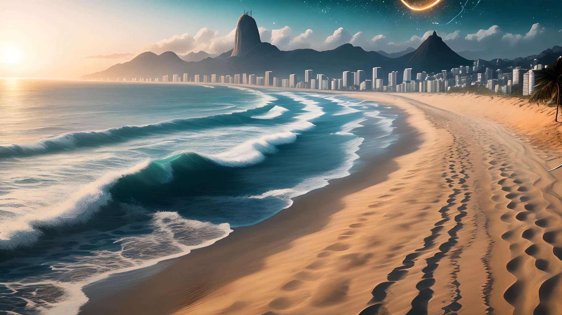 Rio de Janeiro beach with meteors falling and shark in the sand