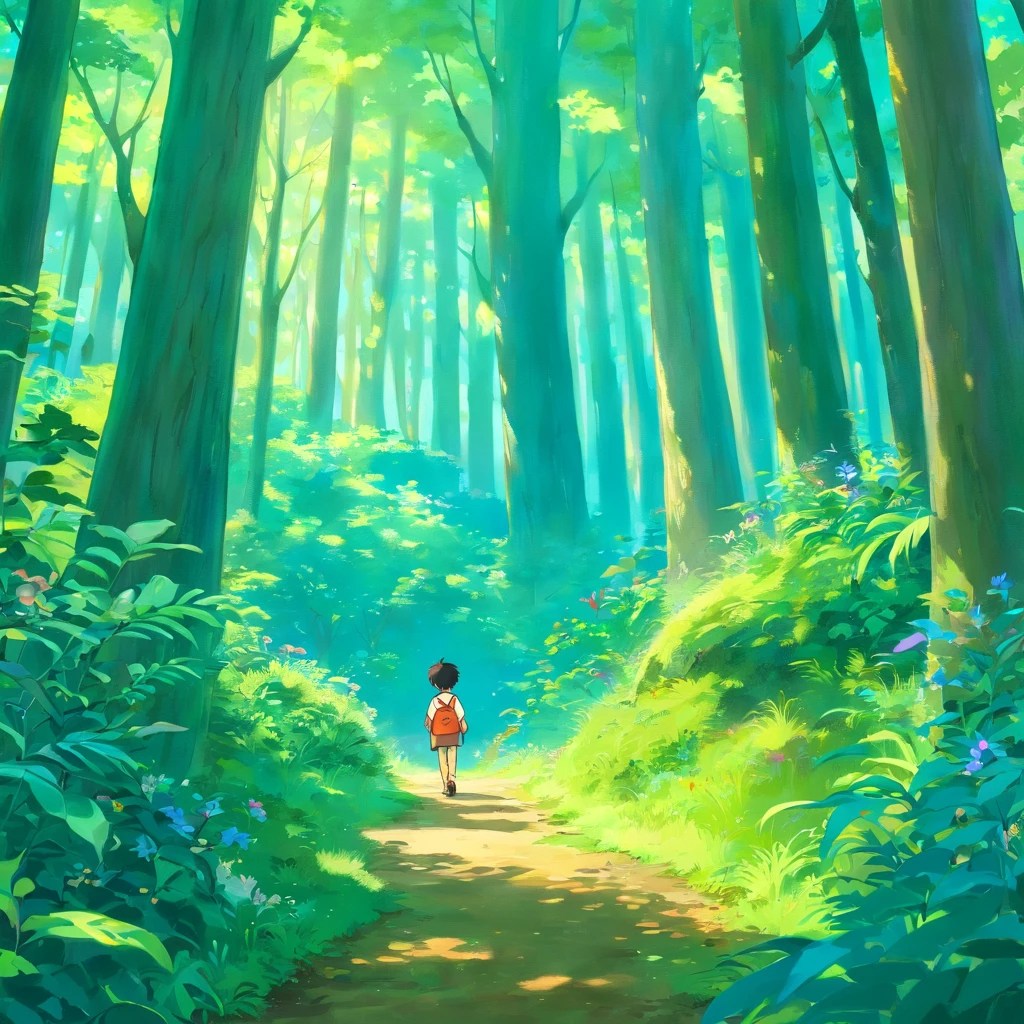 a young boy children was exploring the forest nearby in the style of tranquil gardenscapes, colorful animation stills, masami teraoka, aquamarine, paul gauguin, Embry style,