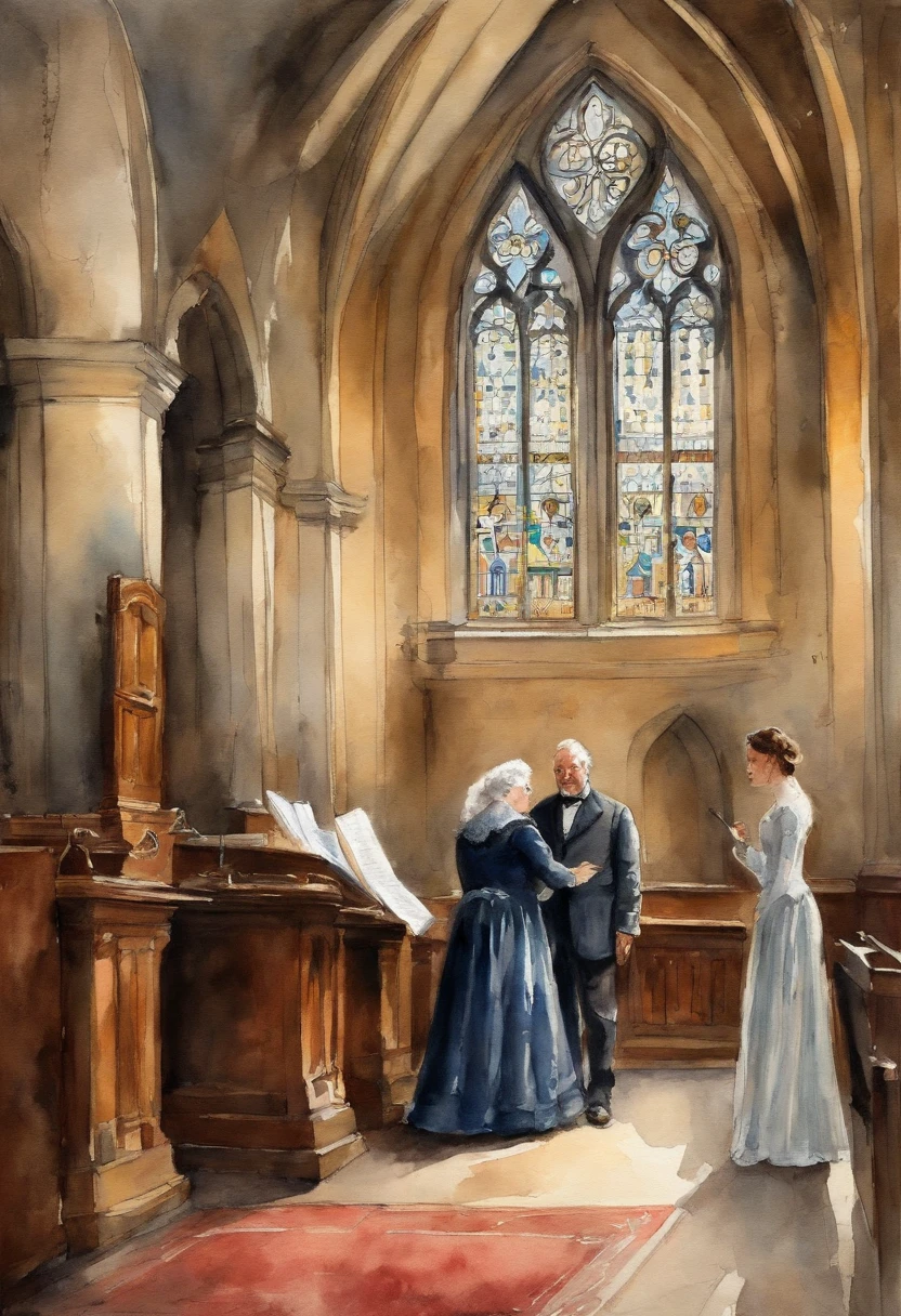 Illustration of a church scene in Victorian style, an elderly pastor and a young buxom brunette woman wearing a Victorian style dress standing in front of the confessional an talking