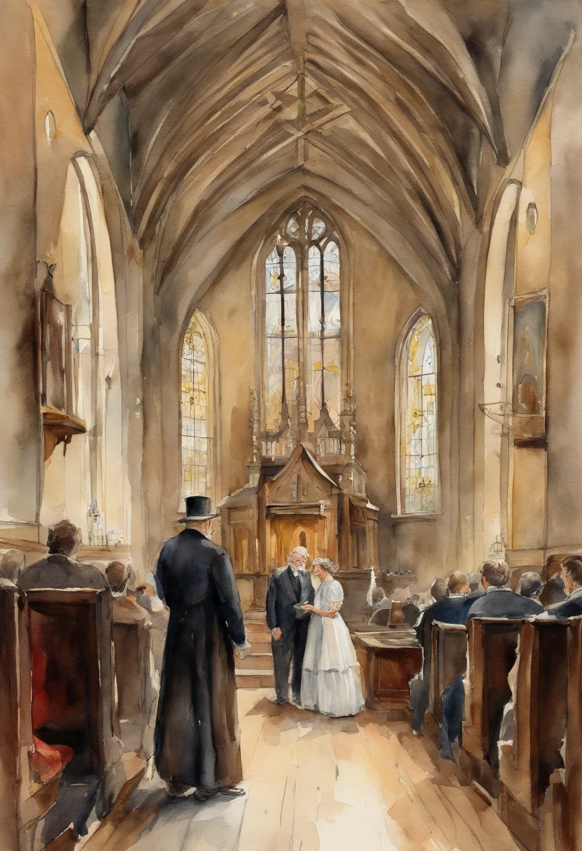Illustration of a church scene in Victorian style, an elderly pastor and a young buxom brunette woman wearing a Victorian style dress standing in front of the confessional an talking
