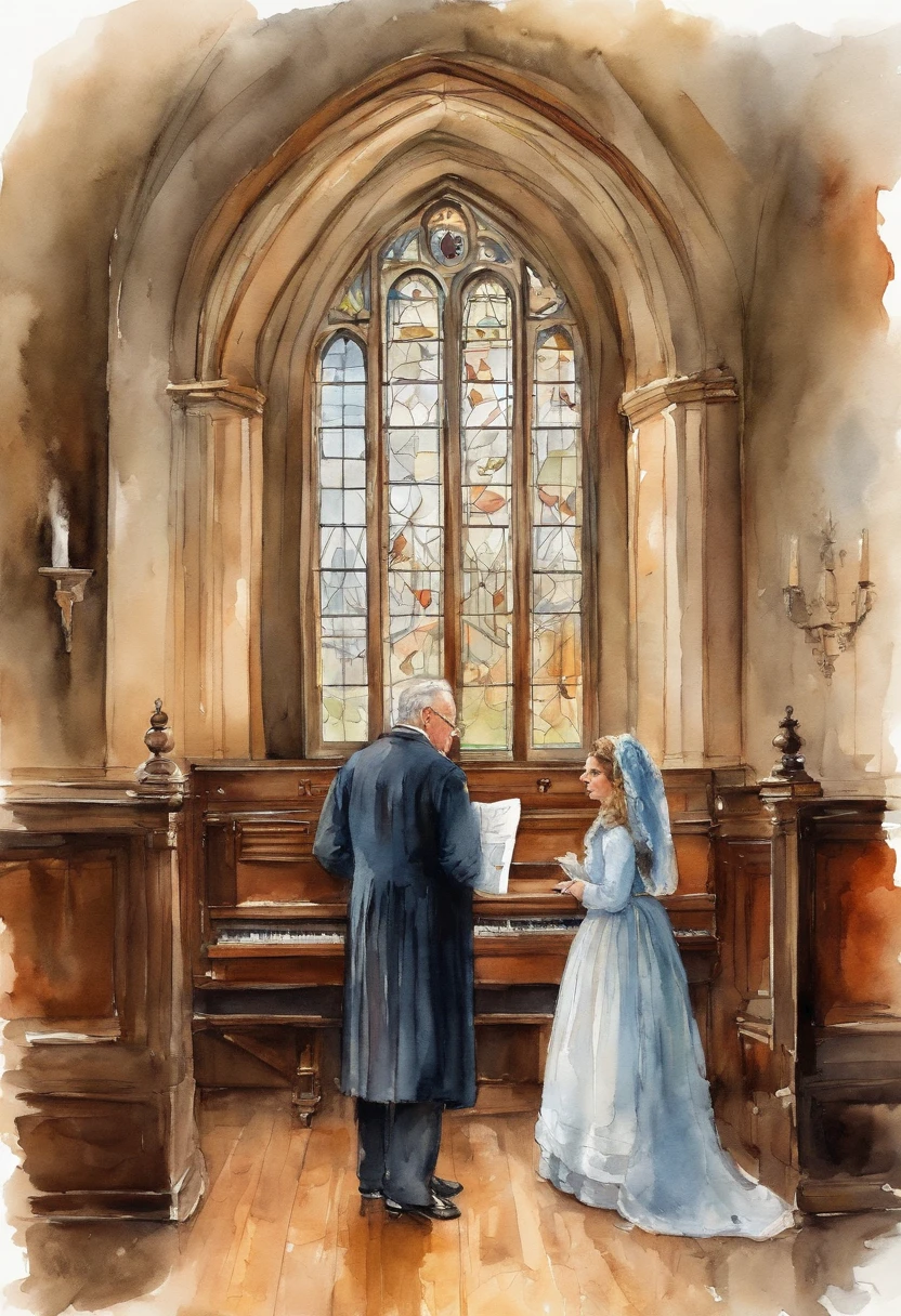 Illustration of a church scene in Victorian style, an elderly pastor and a young buxom brunette woman wearing a Victorian style dress standing in front of the confessional an talking