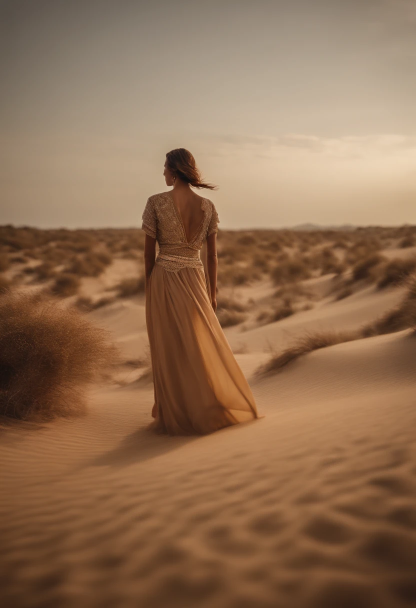 frasco de perfume em meio as dunas de areia e mulher indo embora ao fundo