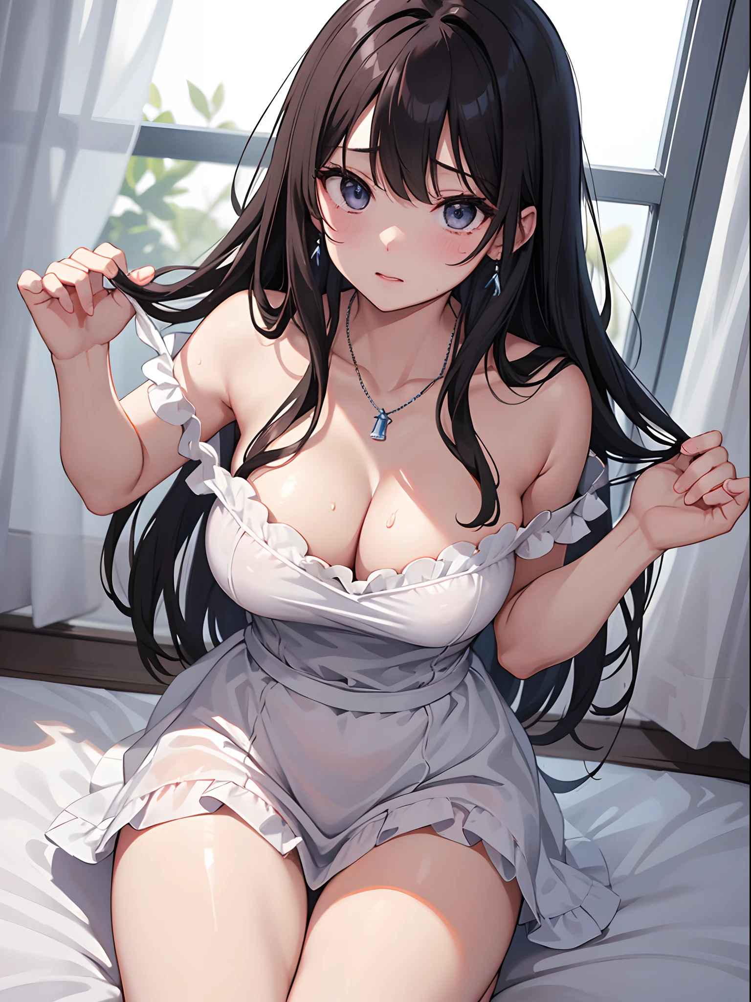 photorealisim、top-quality、超A high resolution、a picture、Exquisitely beautiful photos of Scandinavian-born women、Extraordinary beauty、perfectbody、Biologically accurate、Highlights of cheek luster、Detailed cute and beautiful face、(pureerosface_v1:0.008)、Beautiful bangs、Glowing white shiny skin、Bangs between the eyes、shiny and beautiful hair、Silky hair、finer hair、High-definition eyes、Beautiful, Bright and clear, Big eyes shine charmingly、eye liner、Double eyelids、Full body like、dismay、red blush、embarrassed from、glares、 shiny little necklace and earrings, shiny lips: 1.4, humiliated、impatience、dismay、(Frightened:1.8)、glares、Soft breasts、cleavage of the breast、hiding chest with hands、hide crotch with hands、lift up one's skirt、red blush、embarrassed from、I see underwear、Open knees、open one's legs、Masturbation behavior、Disheveled clothes、Dressing、White blouses、Stockings、Wearing sweat、Neat and clean woman,25 years old, 1 persons、(maid clothes:1.8)、large full breasts、sexual excitement、Masturbation behavior、a large amount of white mucus all over the body,、Wavy Hair, bangs flowing diagonally, Medium Hair, Blue-gray eyes、 In the hotel in the middle of the night, Sit on the bed、