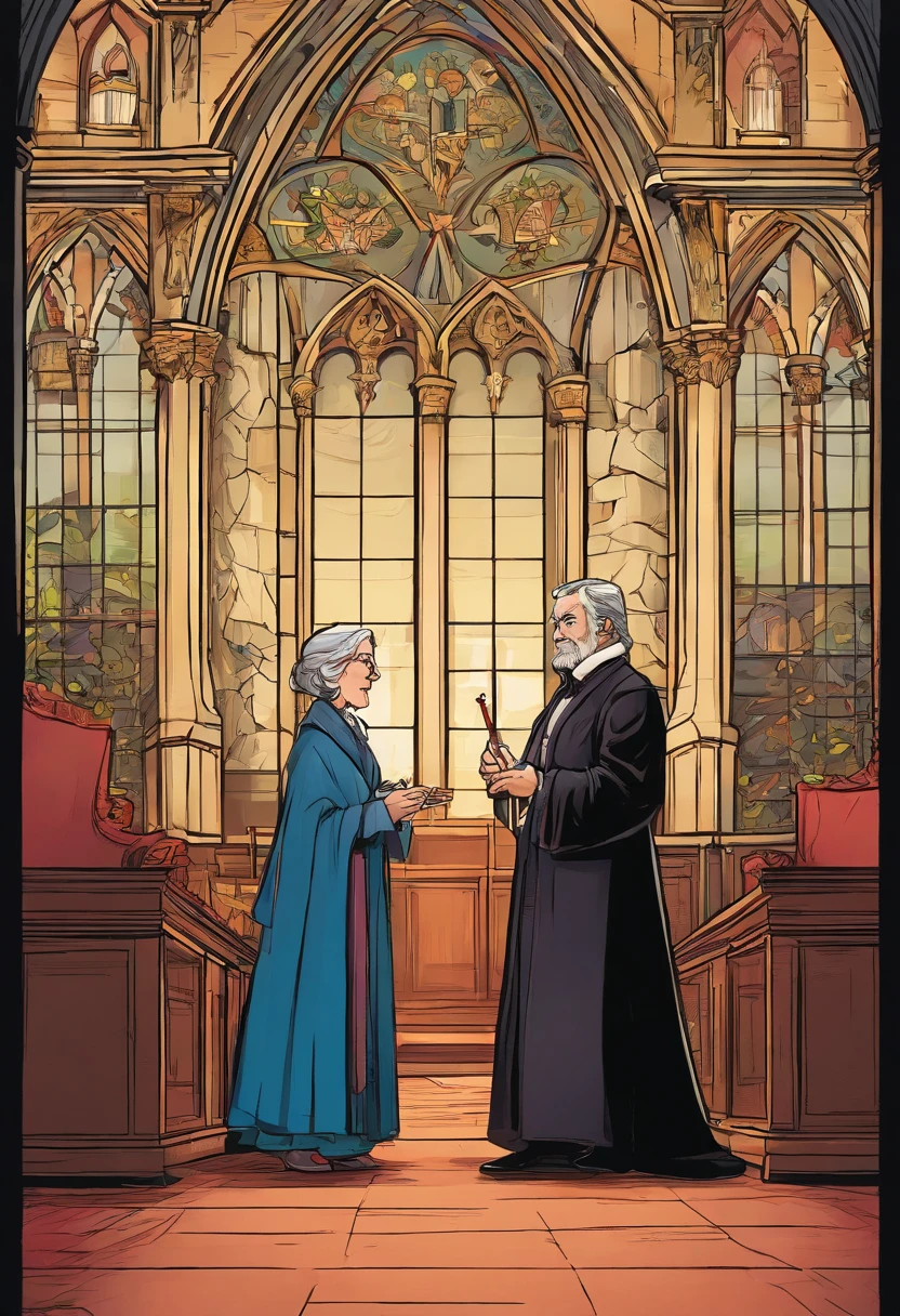 Illustration of a church scene in Victorian style, an elderly pastor and a young buxom brunette woman wearing a Victorian style dress standing in front of the confessional an talking  ,
