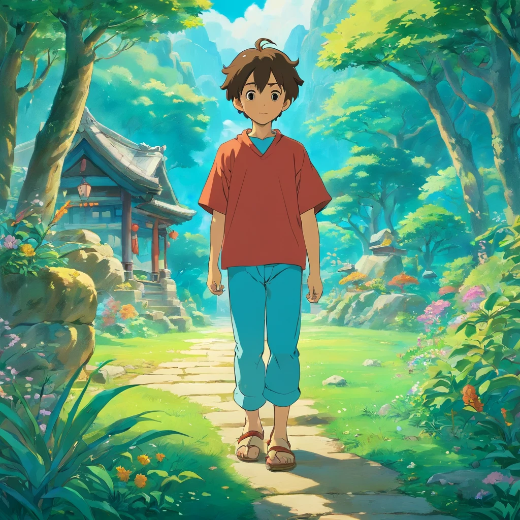 a  found an ancient magic lampin the style of tranquil gardenscapes, colorful animation stills, masami teraoka, aquamarine, paul gauguin, Embry style,