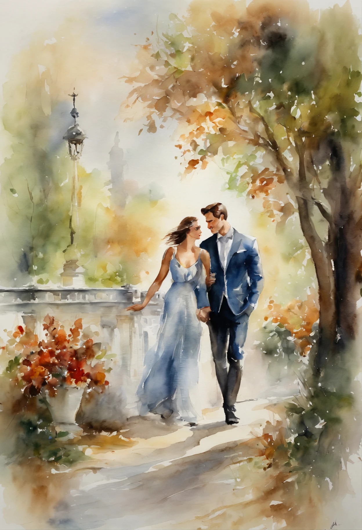 a romantic scene, a young handsome man meets a elegant lady in a park ,