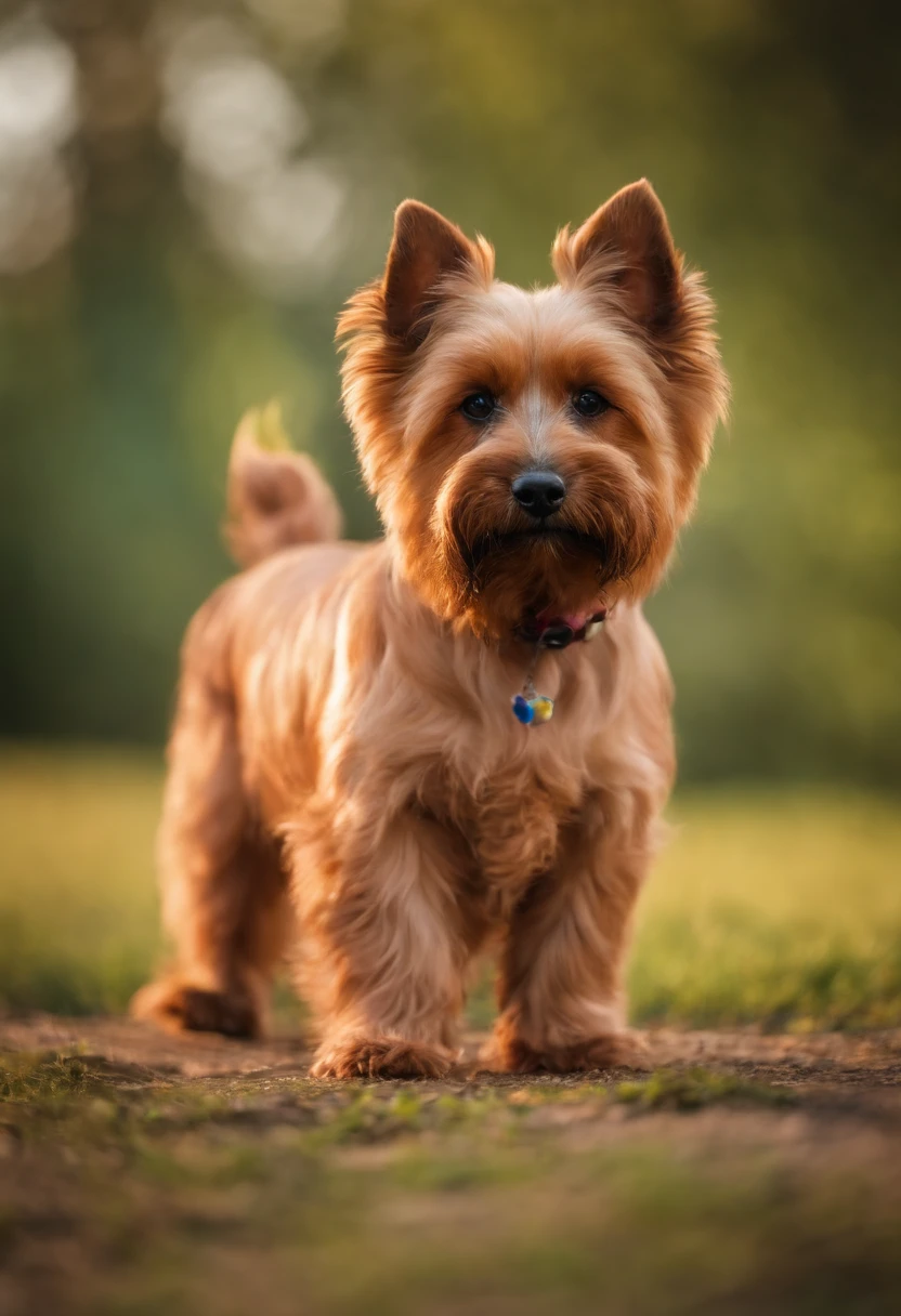 A huge multi-colored rainbow from the ground to the sky. Near the rainbow stands a red dog with a black back. Norwich Terrier Dog Breed.  I put one paw on the rainbow.