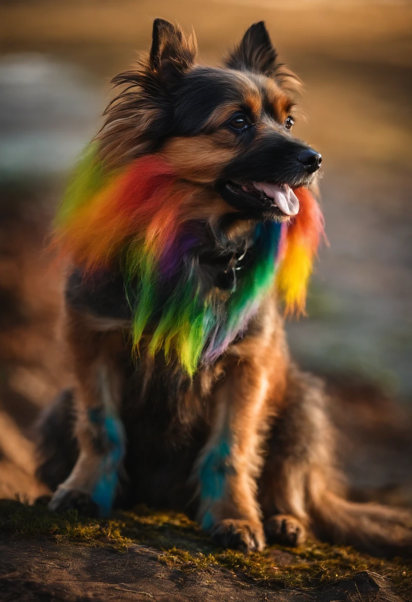 A huge multi-colored rainbow from the ground to the sky. Near the rainbow stands a red dog with a black back. Norwich Terrier Dog Breed.  I put one paw on the rainbow.