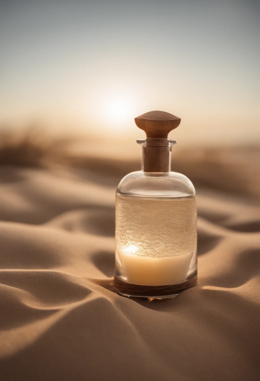 Frasco de perfume em meio as dunas de areia