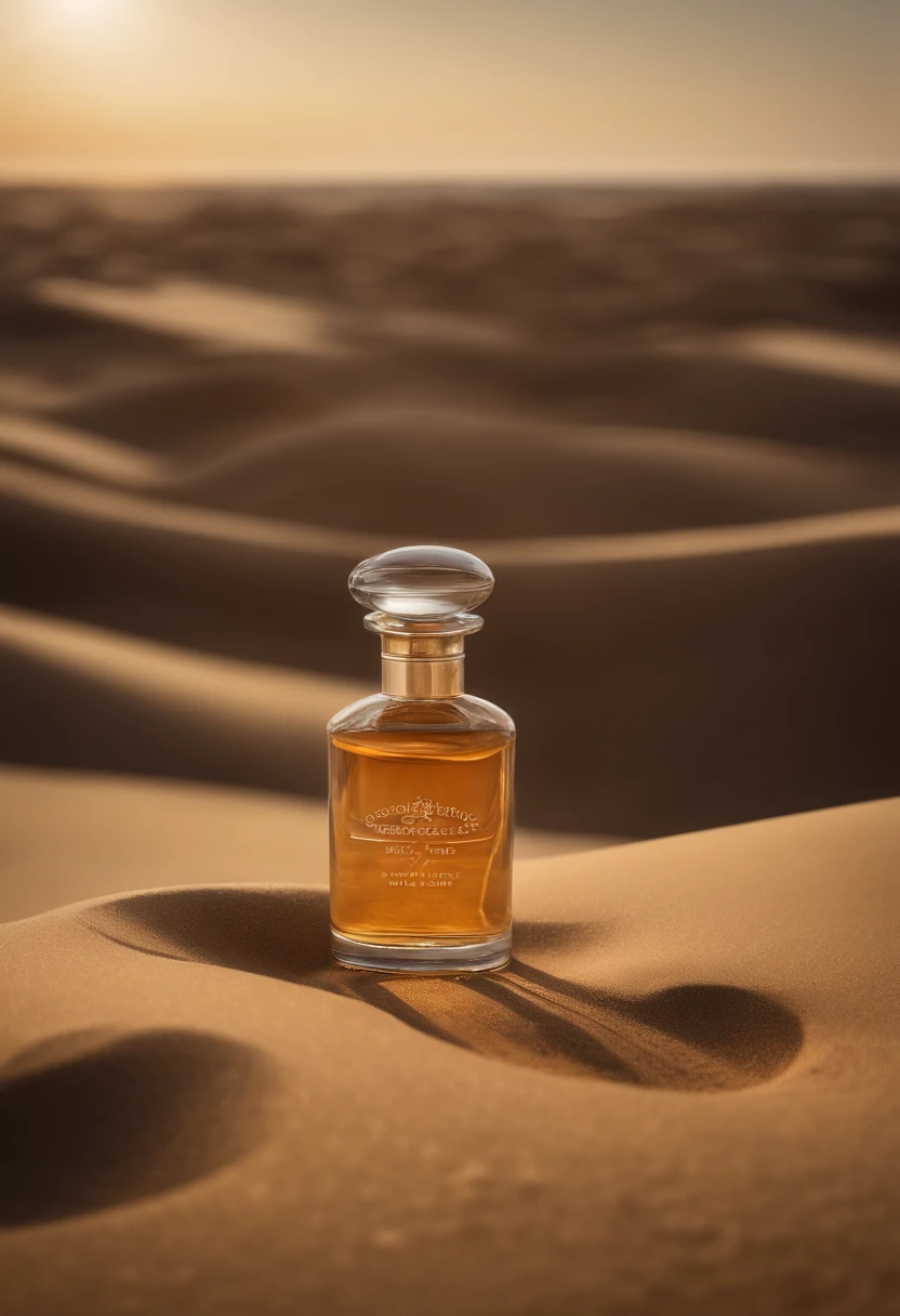 Frasco de perfume em meio as dunas de areia