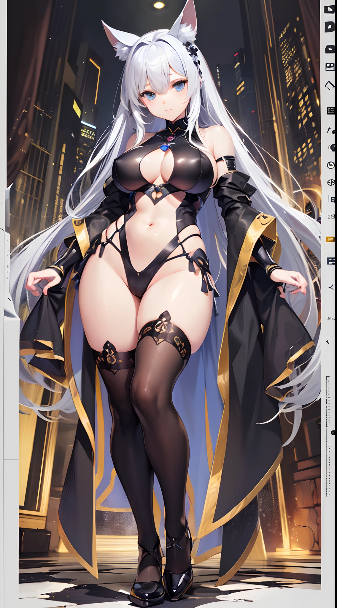 ((Finest quality)),(超A high resolution),(ultra-detailliert),((Best Anime)),sharpnes,Vivid:1.1,The art of astounding depiction, (1人の女性:1.5),onimous,greyt hair:1.3,slenderbody,huge tit,