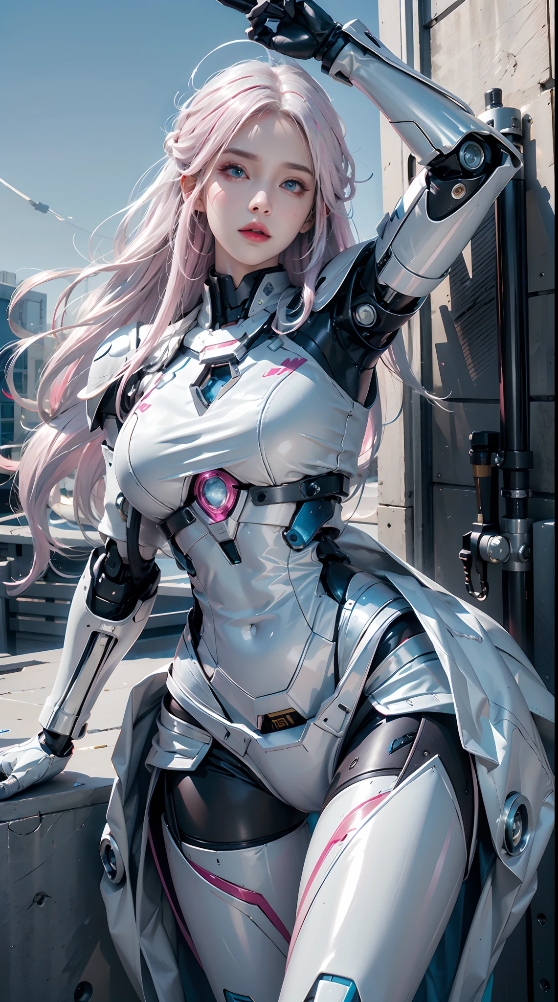 photorealistic, high resolution, 1women, shining skin, solo, tattoo, jewelry, pink lip, long hair, white hair, blue eye, closed mouth, hips up, mecha musume,mechanical parts, robot joints,single mechanical arm, star sky, halo ground