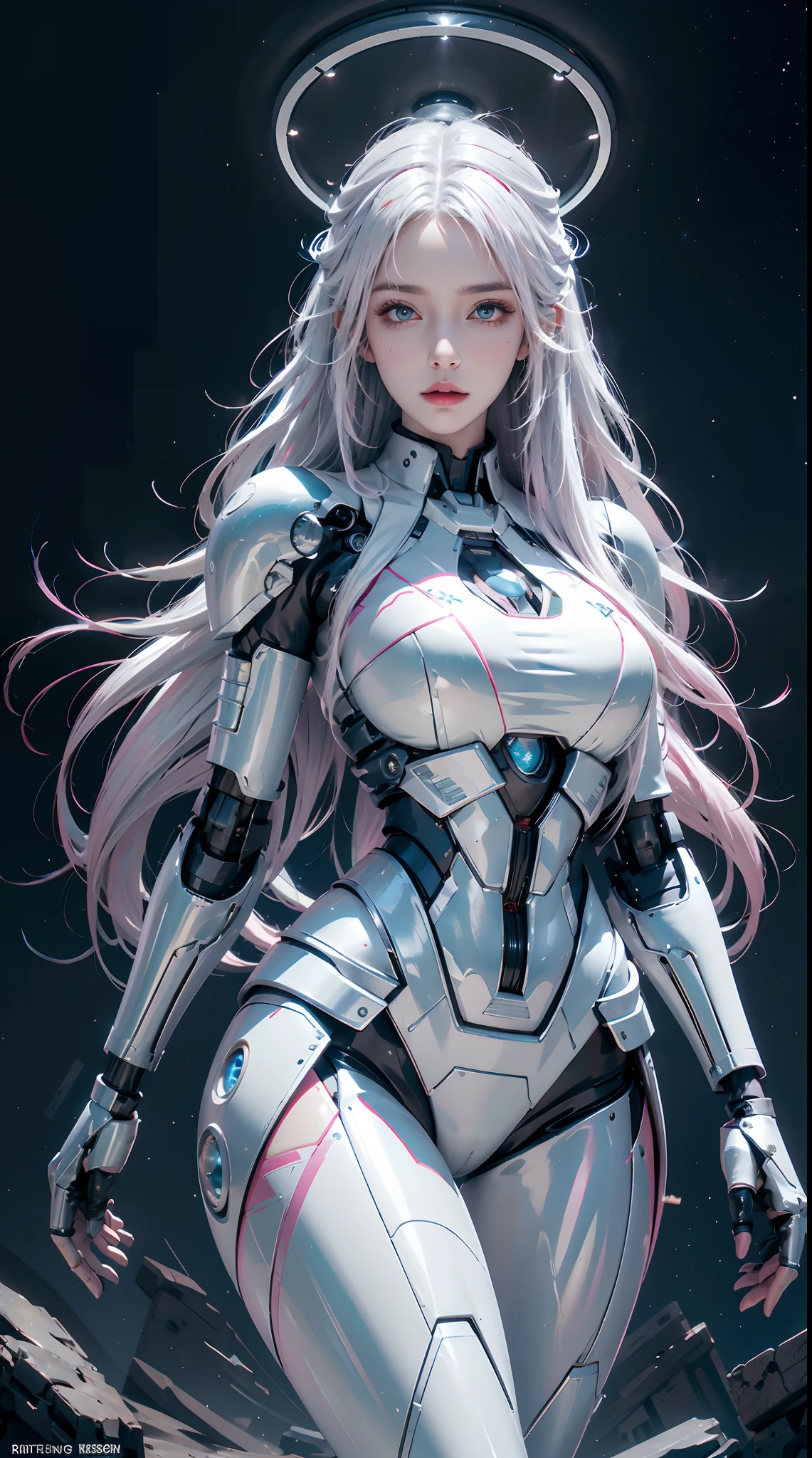 photorealistic, high resolution, 1women, shining skin, solo, tattoo, jewelry, pink lip, long hair, white hair, blue eye, closed mouth, hips up, mecha musume,mechanical parts, robot joints,single mechanical arm, star sky, halo ground