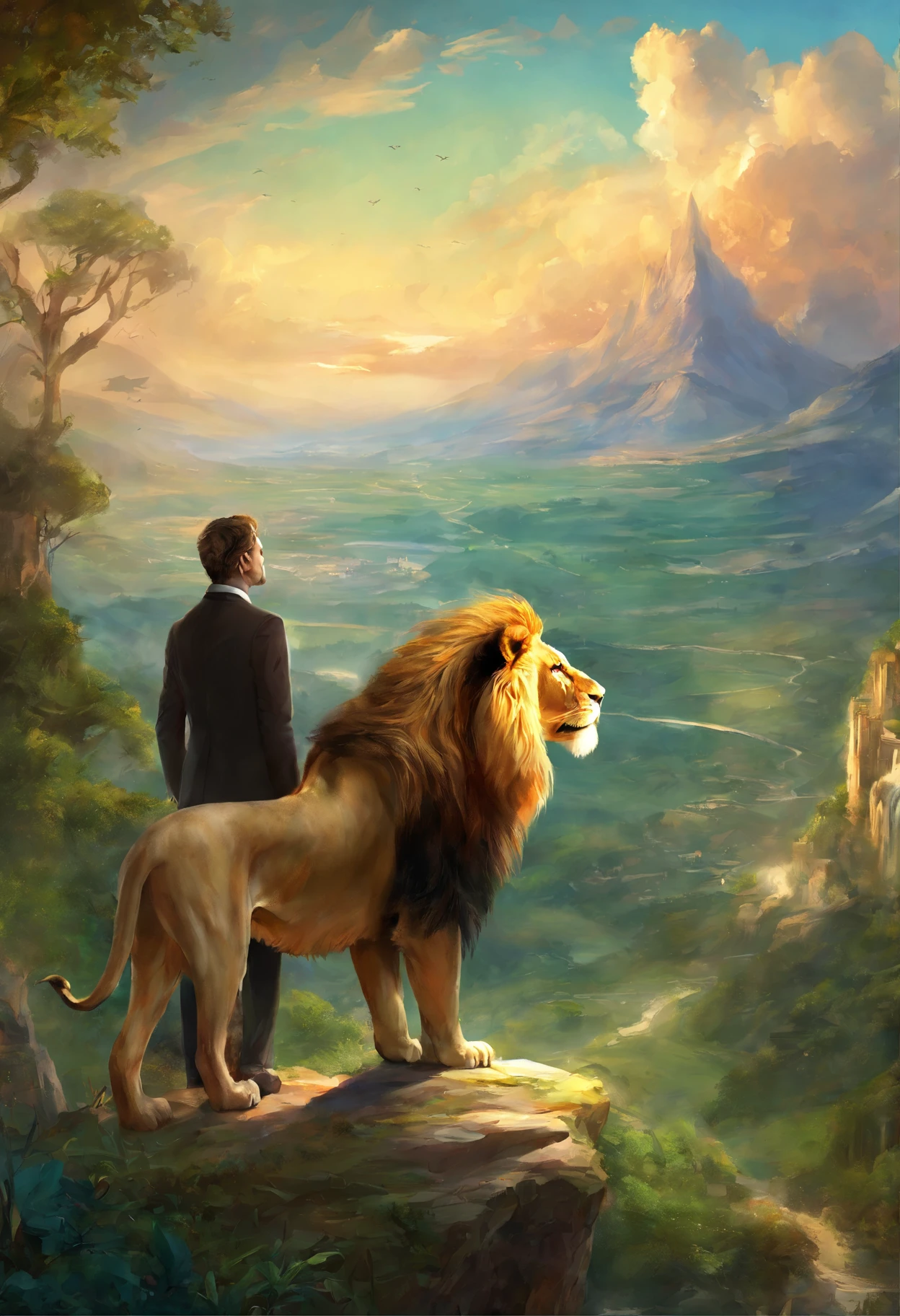 A lion standing as human in neat tuxedo over watching the valley below of his beloved town, the town is very small and compact, the environment is green everywhere with two eagle’s flying high above.