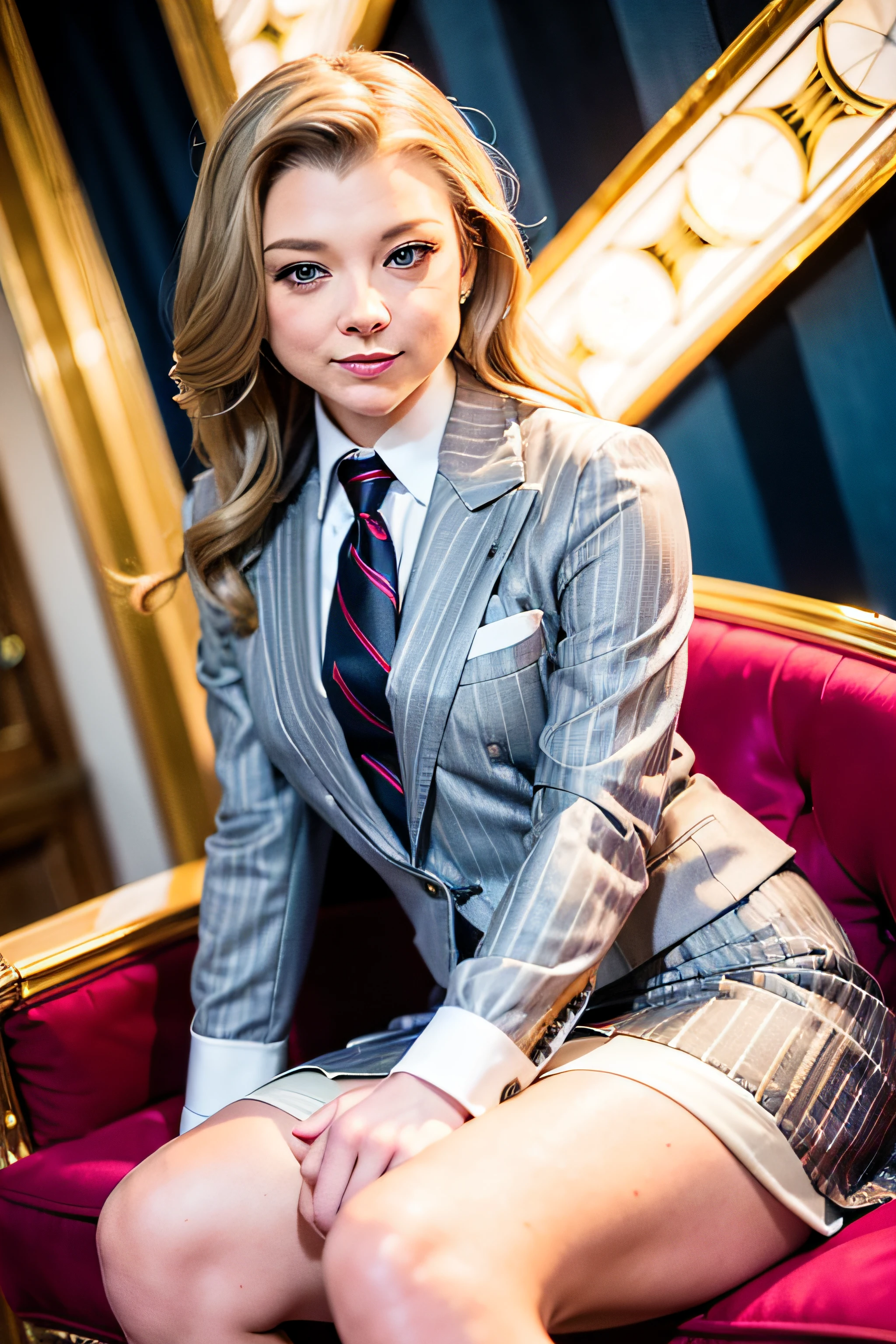 natalie dormer, a woman sitting at a talk show, masterpiece, ,(solo:1.1), Natalie Dormer, perfect face, (bright lighting:1.2),beautiful detailed eyes, close up, extremely detailed face, perfect lighting,masterpiece, best quality, ((mature female)), milf, 1 woman, (((light grey pinstripe skirt suit))), (((three-piece suit))), (((silk necktie))), windsor necktie, (((dress shirt))), (((blazer))), (((suit jacket))), (((waistcoat))), bodycon miniskirt, pencil skirt, tie clip, pocket watch, pocket square, cufflinks, solo focus, fully clothed, smartly dressed, smiling, elegant hair, long hair, sultry, seductive pose, smiling, open mouth smile