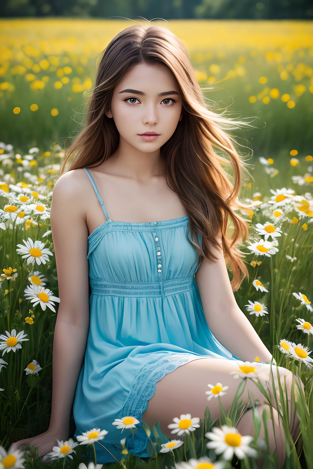A cute woman (flowers in hair, airy sheer summer dress no underwear, barefoot) is lounging in a field of flowers, moonlit night, playful seduction
