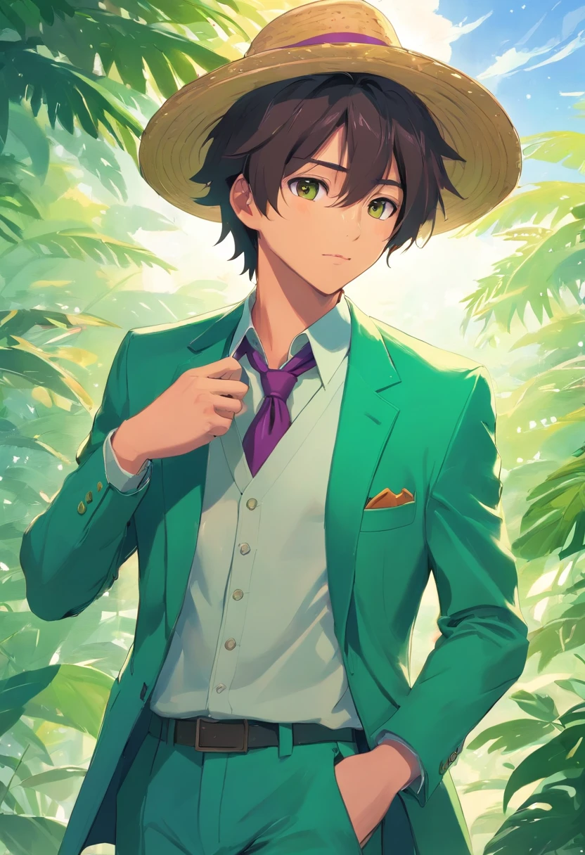 hombre con sombrero de rana, un ojo violeta y otro ojo verde, traje elegante