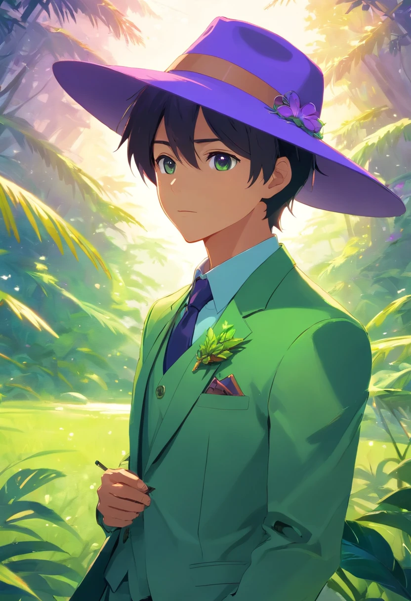hombre con sombrero de rana, un ojo violeta y otro ojo verde, traje elegante