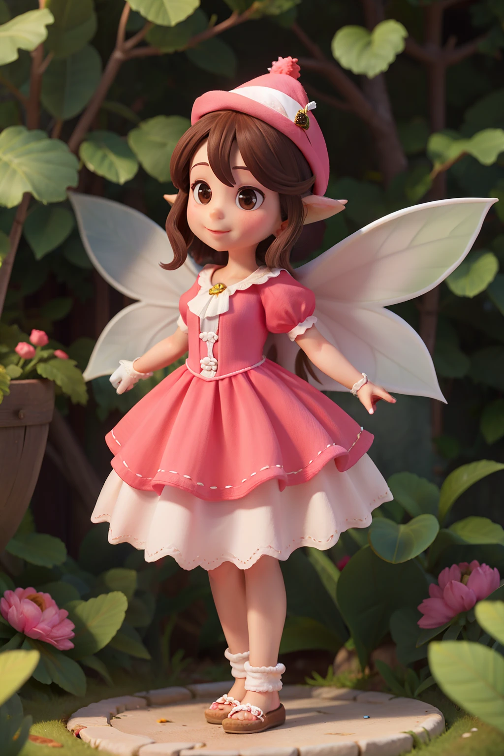 Fada com asas de vestido rosa, orelhas ponteaguda, With magic wand in the village