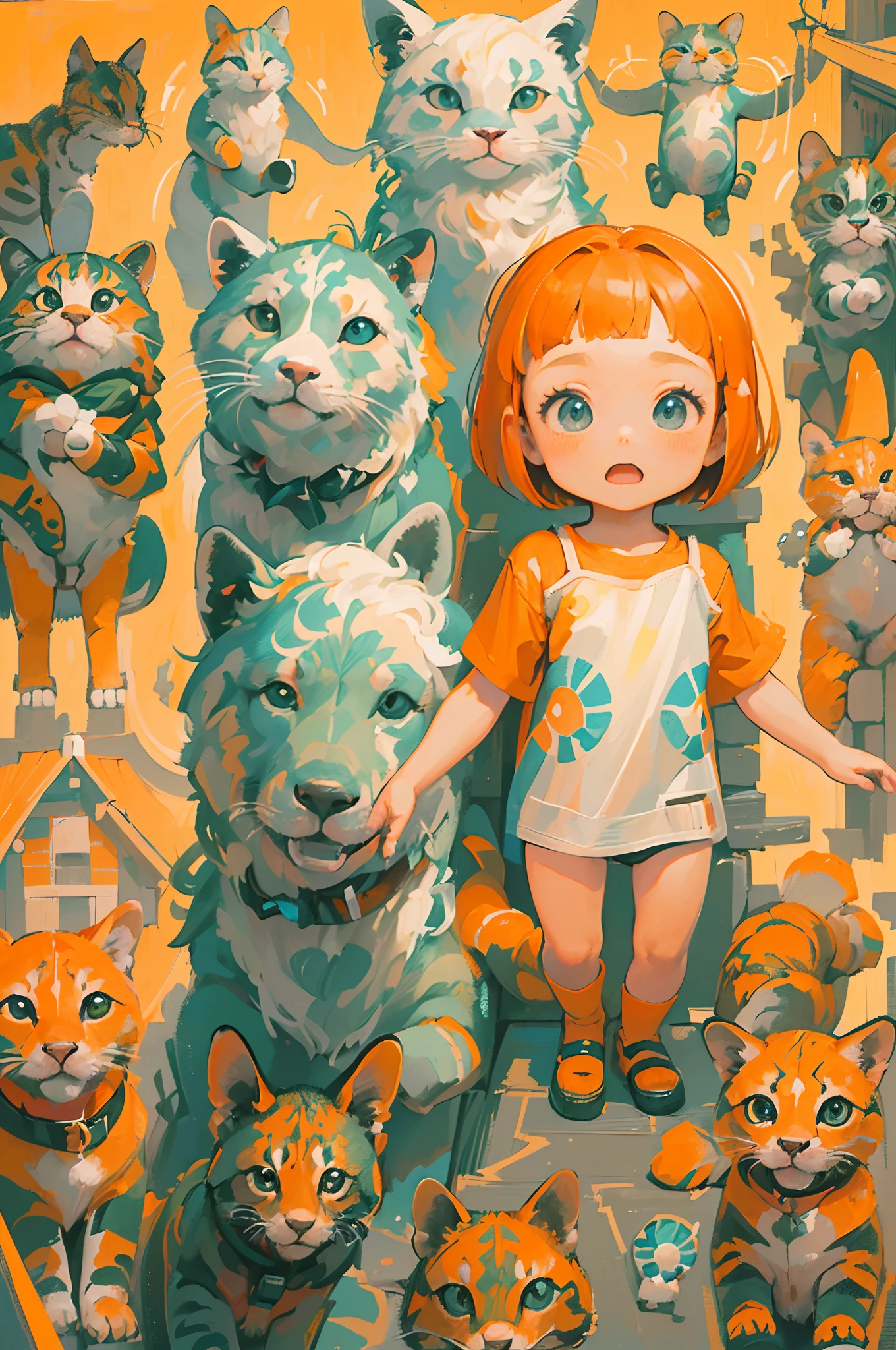 A four-year-old girl and her little animal friends are towering high on their backs one after the other like totem poles.(Contemporary art like a picture book )(Flat Oil Painting)(simplified)(Low saturation)(Overview with Crayons)(Many white space)(Less is more)(4 year old girl with short orange bob hairstyle)