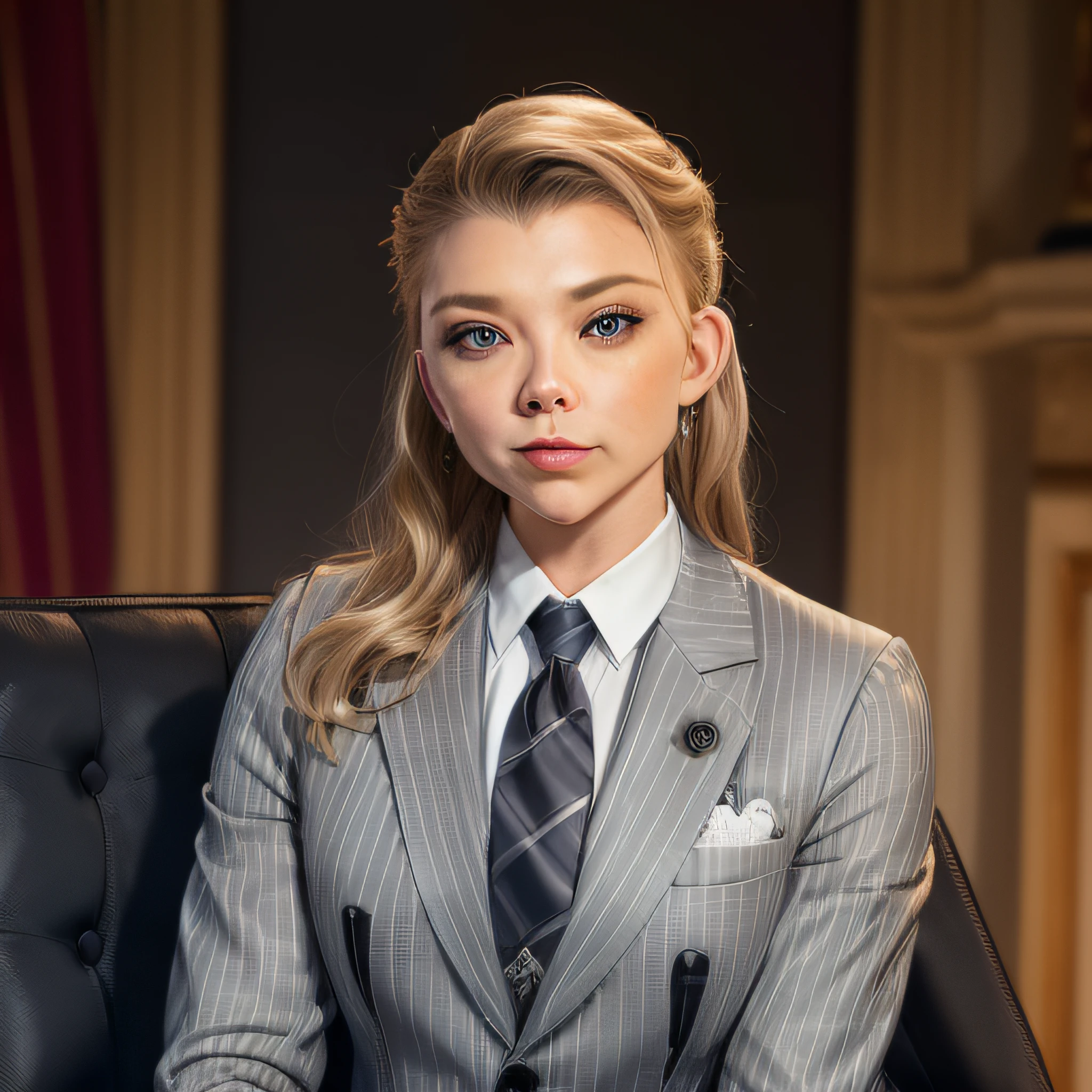 natalie dormer, a woman sitting at a talk show, masterpiece, ,(solo:1.1), Natalie Dormer, perfect face, (bright lighting:1.2),beautiful detailed eyes, close up, extremely detailed face, perfect lighting,masterpiece, best quality, ((mature female)), milf, 1 woman, (((light grey pinstripe skirt suit))), (((three-piece suit))), (((silk necktie))), windsor necktie, (((dress shirt))), (((blazer))), (((suit jacket))), (((waistcoat))), bodycon miniskirt, pencil skirt, tie clip, pocket watch, pocket square, cufflinks, solo focus, fully clothed, smartly dressed, smiling, elegant hair, long hair, sultry, seductive pose, smiling, open mouth smile